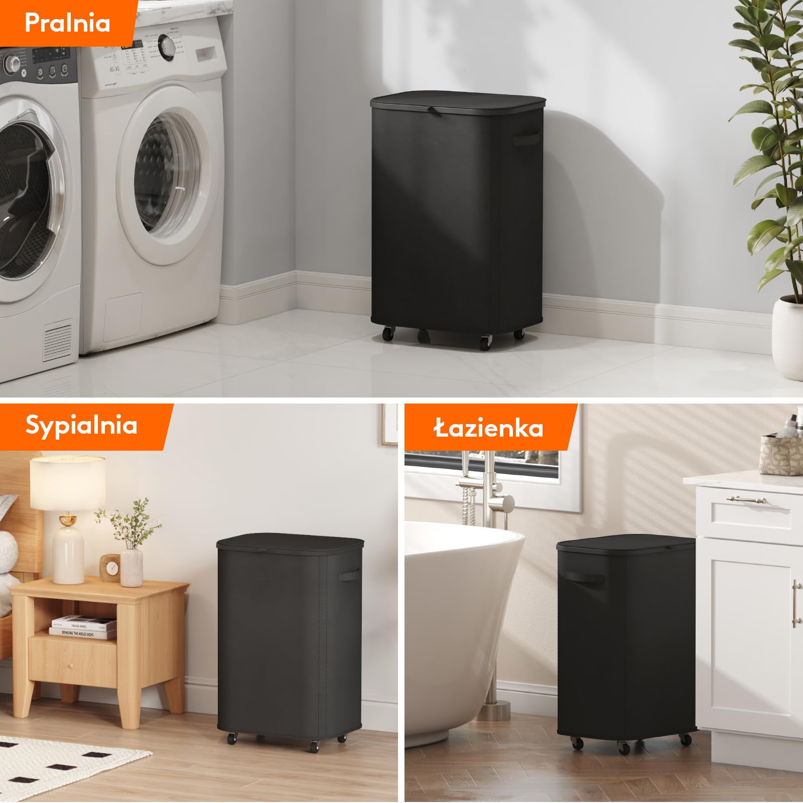 Lifewit Kosz na pranie z pokrywką na kółkach, 85L kosz na pranie z plastikowym ramieniem, składany duży kosz sortujący bieliznę, kosz na bieliznę Laundry Baskets do sypialni, łazienki, czarny