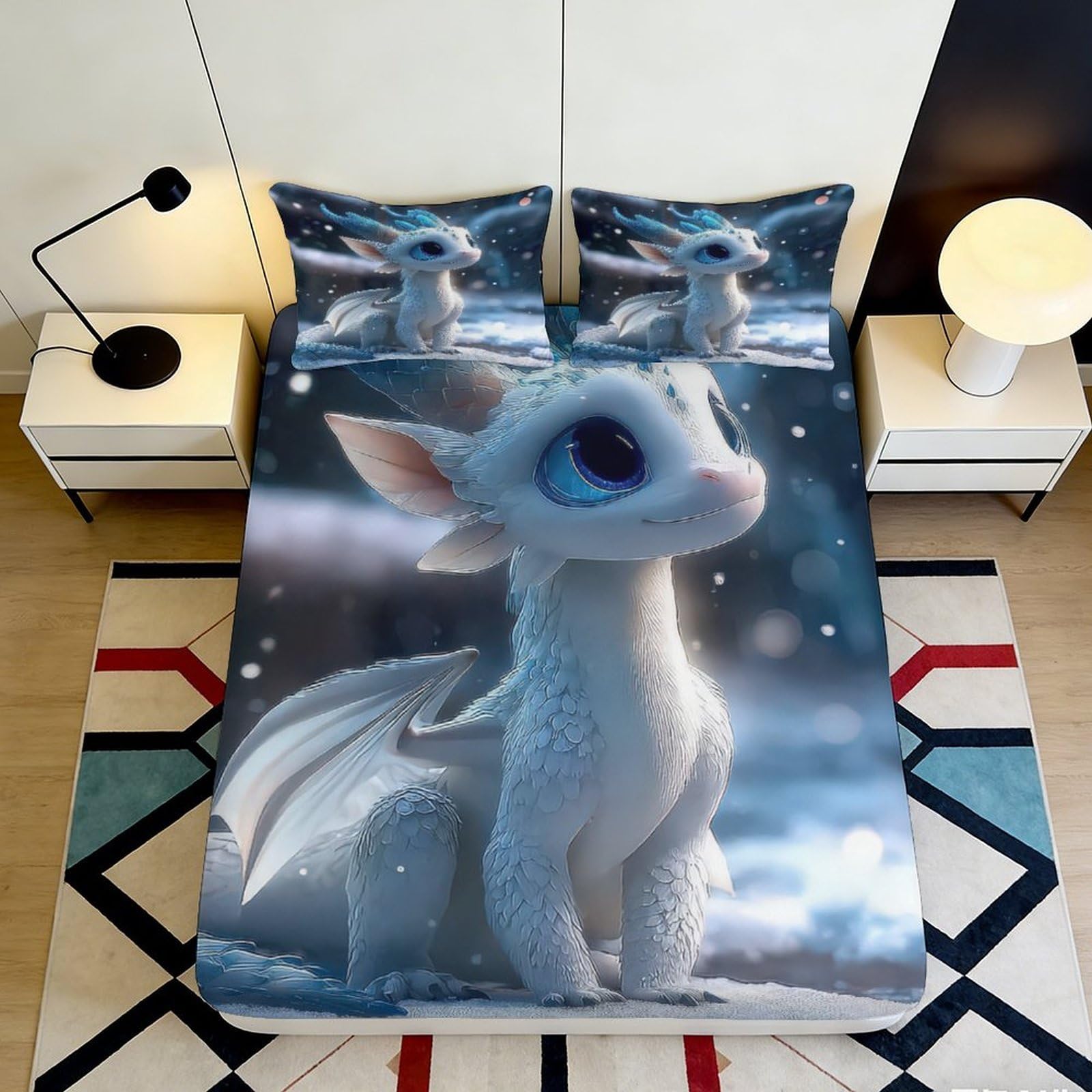 3D Printed White Night Dragon Fitted Sheet Microfiber Soft Fantasy Star Sky Bed Cover for Bedroom Dorm Decor 90x200x25cm