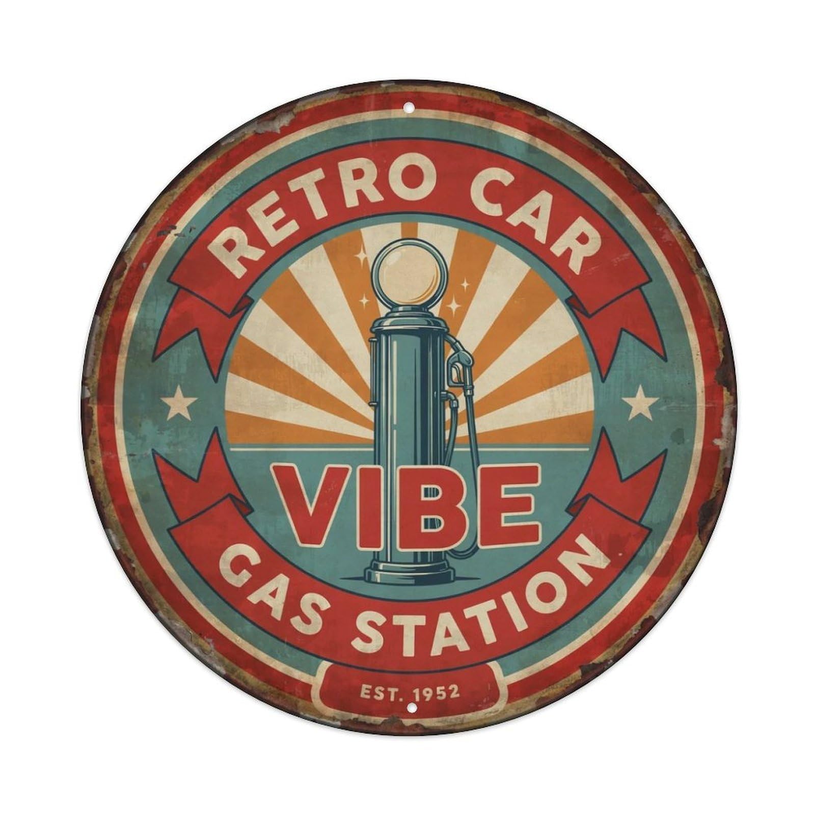 Retro Car Gas Station Vibe. Metal Tin Sign Plaque