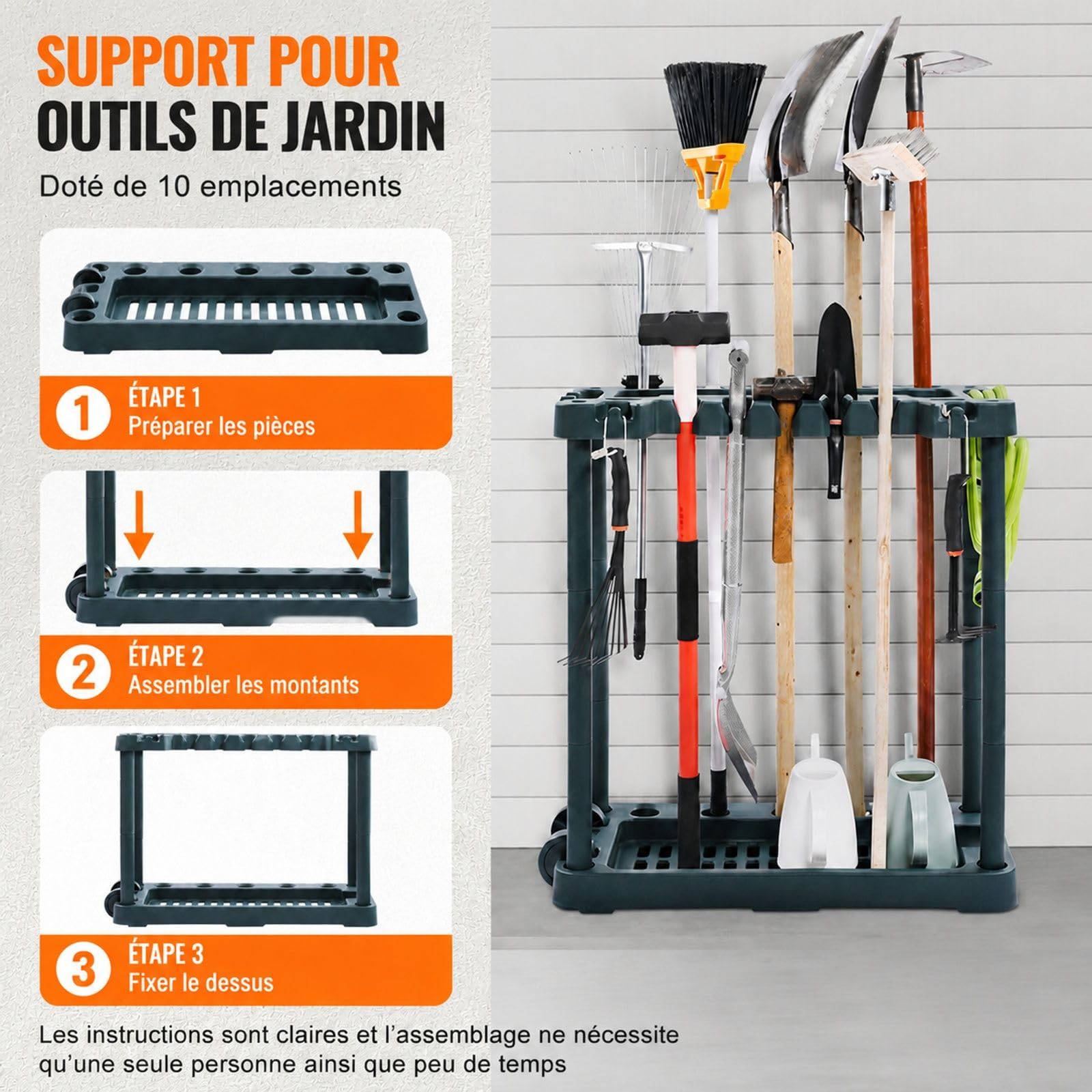 Support Range Outils de Jardin en PP, 10 emplacements, pour Garage et Jardin