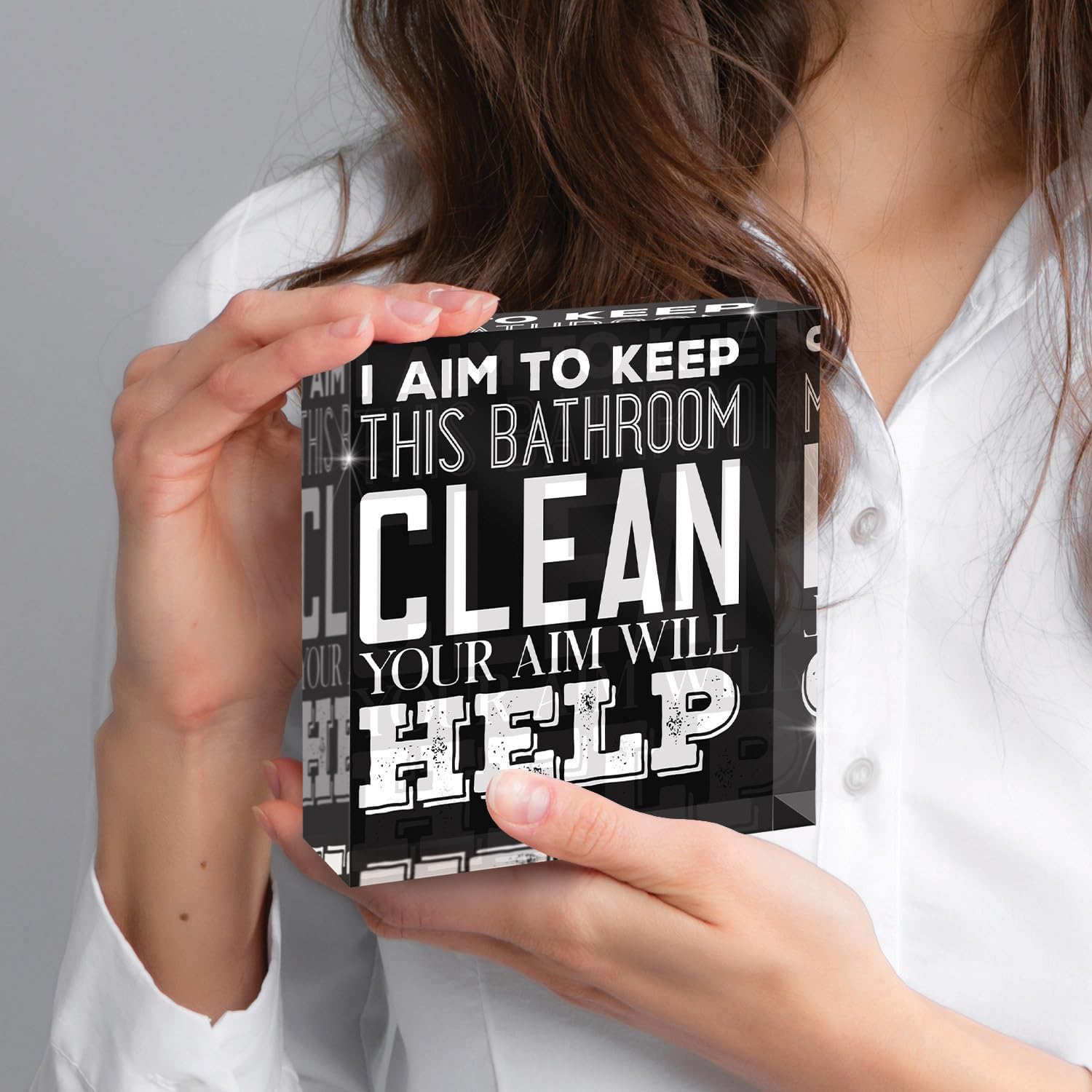 I Aim to Keep This Bathroom Clean Your Aim Will Help – Funny Bathroom Décor Acrylic Box Sign for Shelf or Counter, Humorous Restroom Decor Gift, 4x4 Inches, Engraved in USA