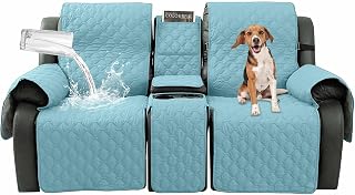 Loveseat Recliner Cover with Center Console, 100% Waterproof Pet Cover for Dual Recliner with Straps Design, Split Reclining Loveseat Covers Furniture Pet&Kids Protector (Grayish Blue)