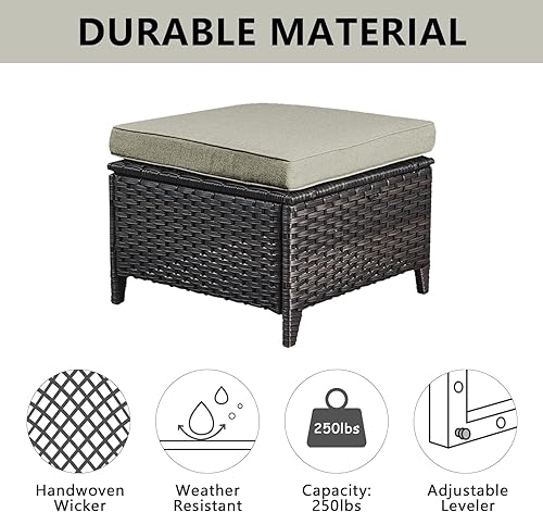 Miniatura 5 de Juego de 2 taburetes otomanos de mimbre de ratán para todo tipo de clima, con cojines suaves para muebles de patio