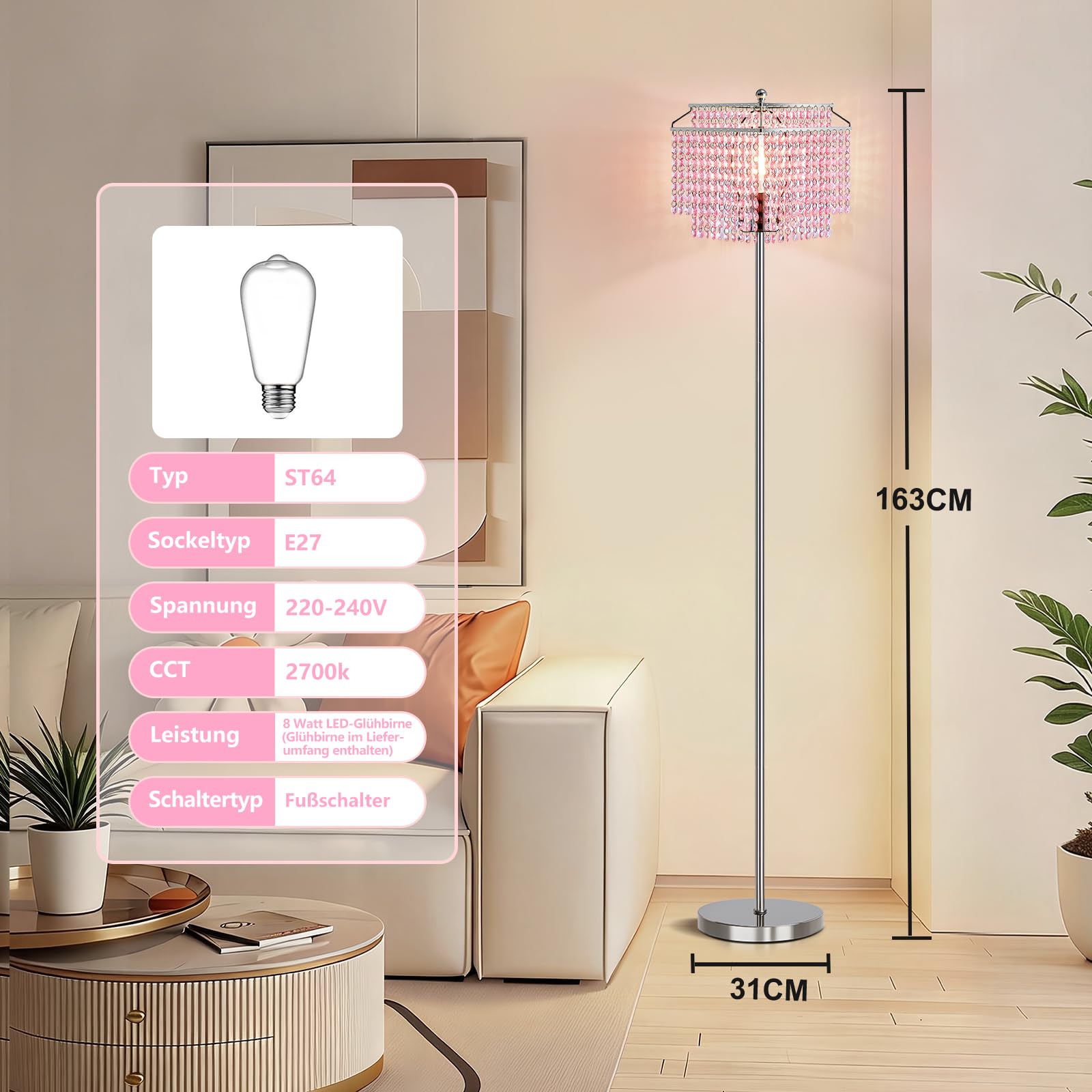 GyroVu Kristall Stehlampe Rosa, Moderne Stehleuchte mit Ein-/Ausschalter am Fuß, Hohe Floor Lamp mit doppellagigem Lampenschirm für Wohnzimmer, Schlafzimmer und Büro (Glühbirne enthalten)
