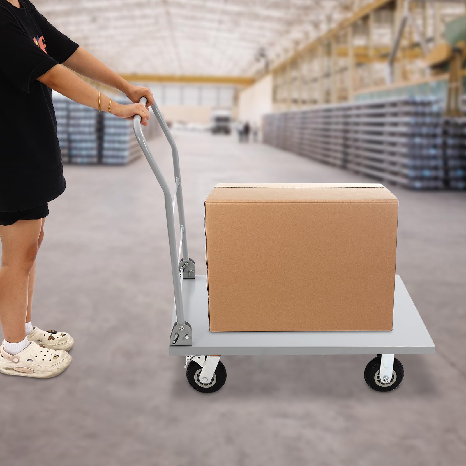 Plattformwagen bis 907kg,Transportwagen mit klappbar Griff,Lagerwagen aus Stahl mit 91x61cm Antirutsch-Ladefläche & 4x360° Gummiräder(2 mit Bremse),Transportkarre Paketwagen für Baustelle Logistik