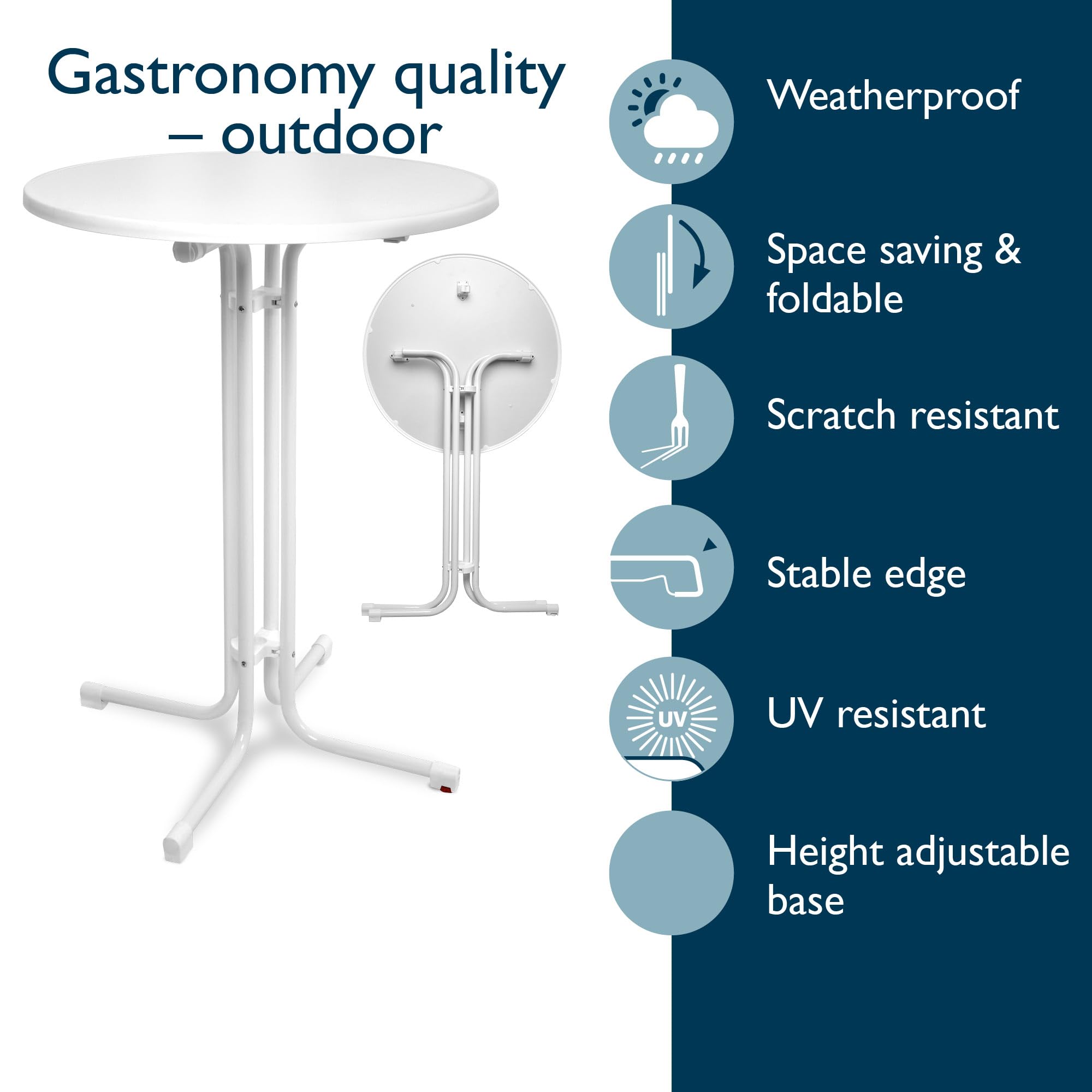 Beautissu Tavolo Alto Pieghevole Bar Bistrot con Piede Regolabile rotondo | Ø80cm bianco resistente alle intemperie montaggio facile staffa preassemblata da festa Altezza antigraffio stabile Bellini