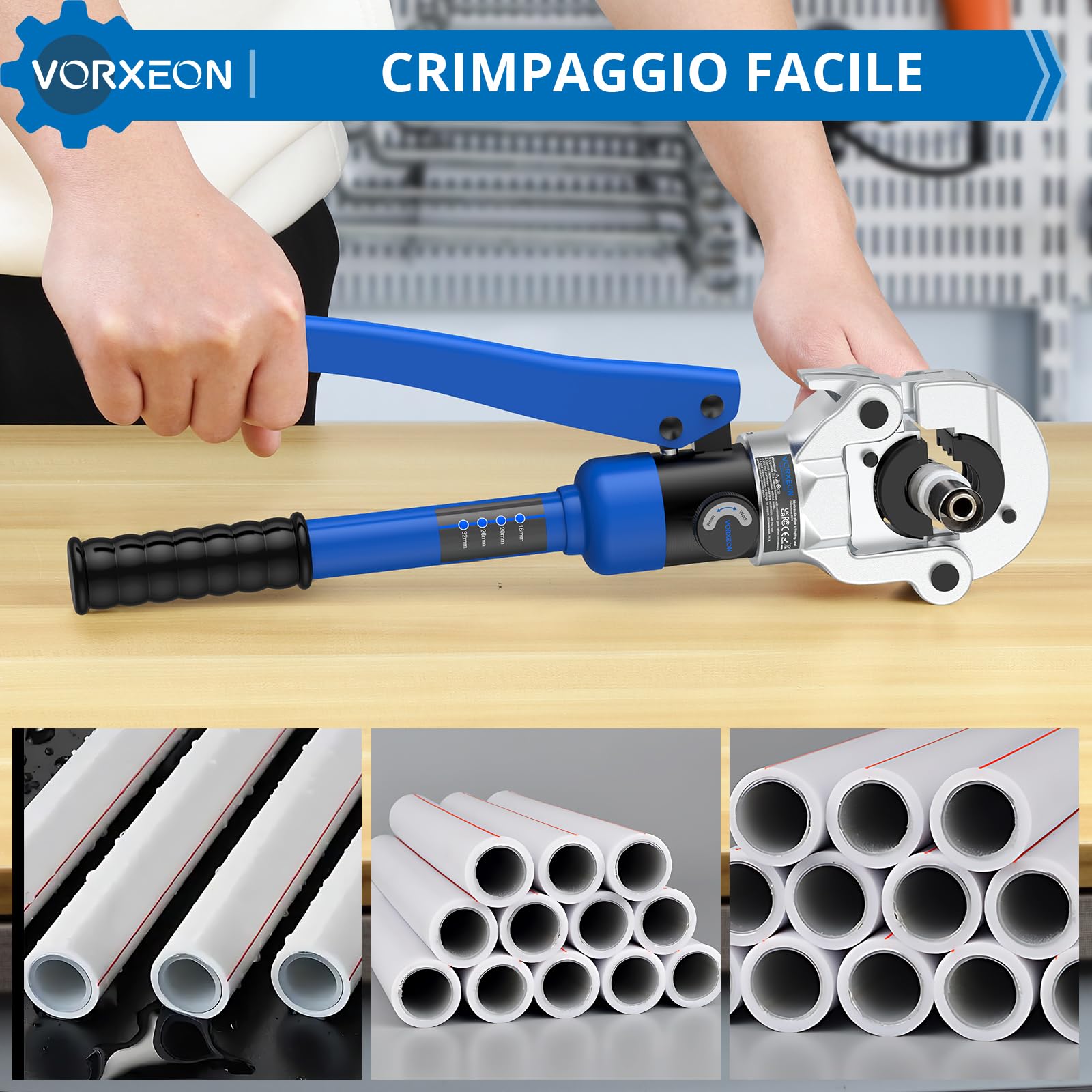 Set 8-Ton Pinza a Crimpare Idraulico con 4 Matrici TH (16/20/26/32mm), Pistola a Pressa Professionale per Tubi Multistrato in Plastica Alluminio PEX PB, Testa Girevole 360°