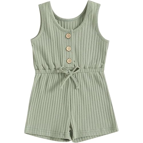 Toddler Baby Girl Summer Outfit Short Sleeve Ribbed Romper Solid Jumpsuit Overall Shorts Cute Infant Newborn Clothes
