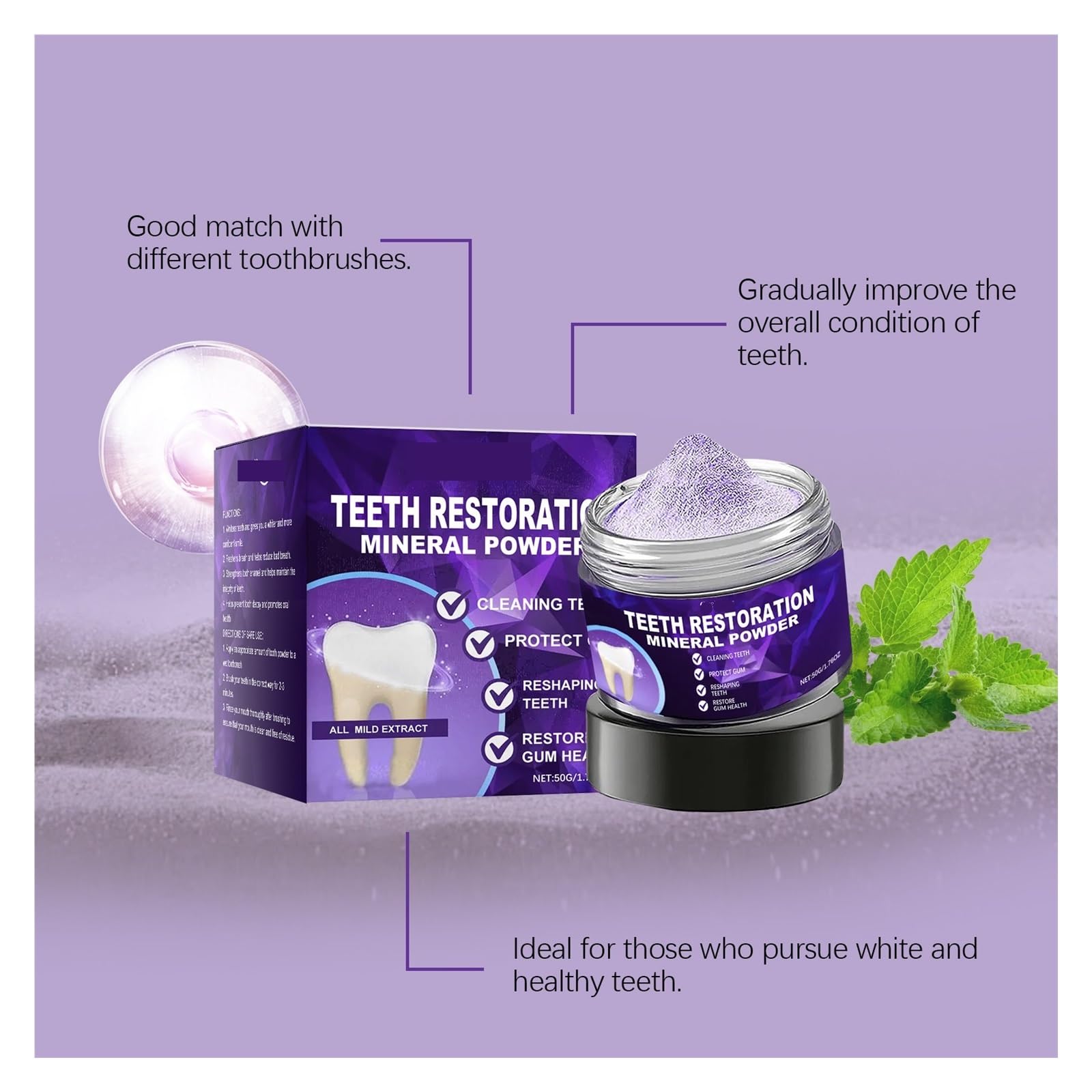 Polvo dental de 50 g: polvo fino con baja abrasión, limpia entre los dientes sin sensación arenosa(2pcs)