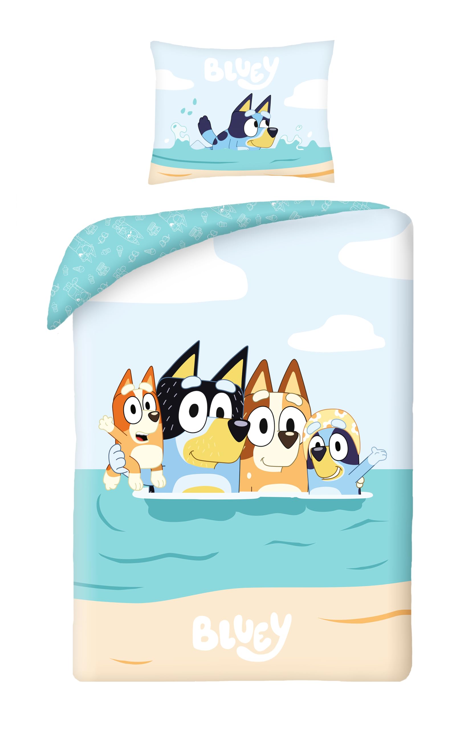 Halantex Bluey Beach Bedding Set, Duvet Cover 140 x 200 cm for Children and Pillowcase, with Bluey, Bingo, Bandit (Le Papa) and Chilli (The Mom)