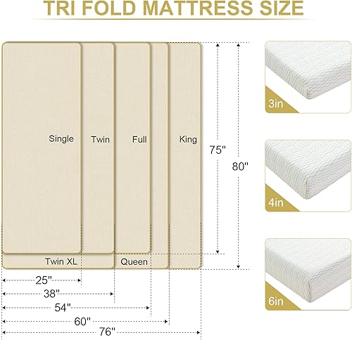 Miniatura 2 de MUUEGM Colchón triple plegable de 6 pulgadas, tamaño Queen, colchón de espuma viscoelástica plegable con funda lavable, cubrecolchón portátil para