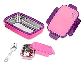 Eco-Steel Plastic Air Tight Spill Proof,Tiffin Boxes with Steel Katori & Spoon 2 Containers Lunch Box for School (900 ml) (Pink)
