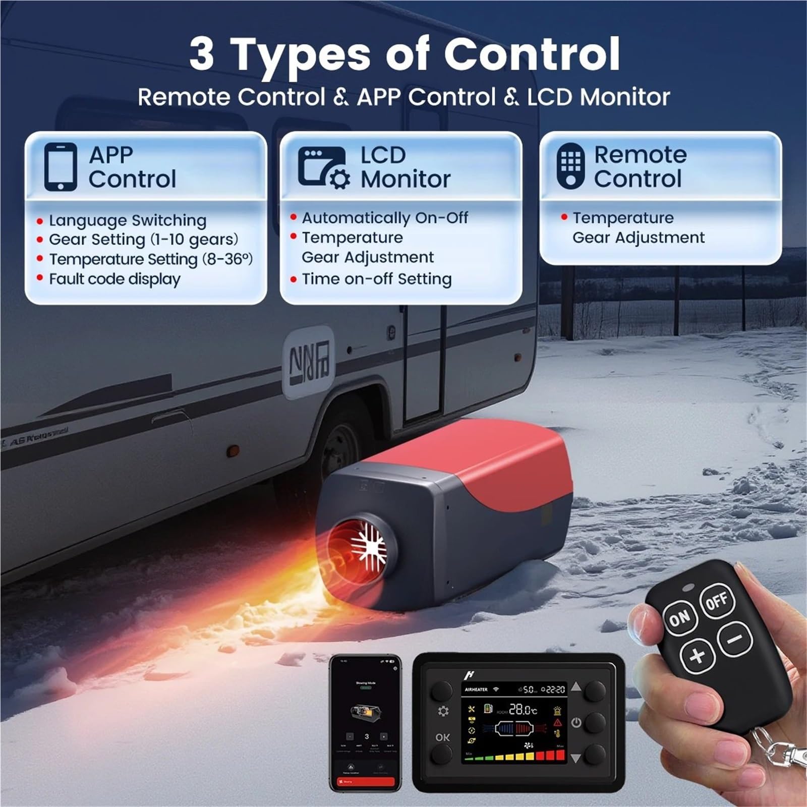 Diesel Heater Ogrzewacz samochodowy 8 kW, nagrzewnica powietrza i oleju napędowego, 12 V/24 V do kamperów, z pilotem i monitorem LCD samochodowy Nagrzewnica