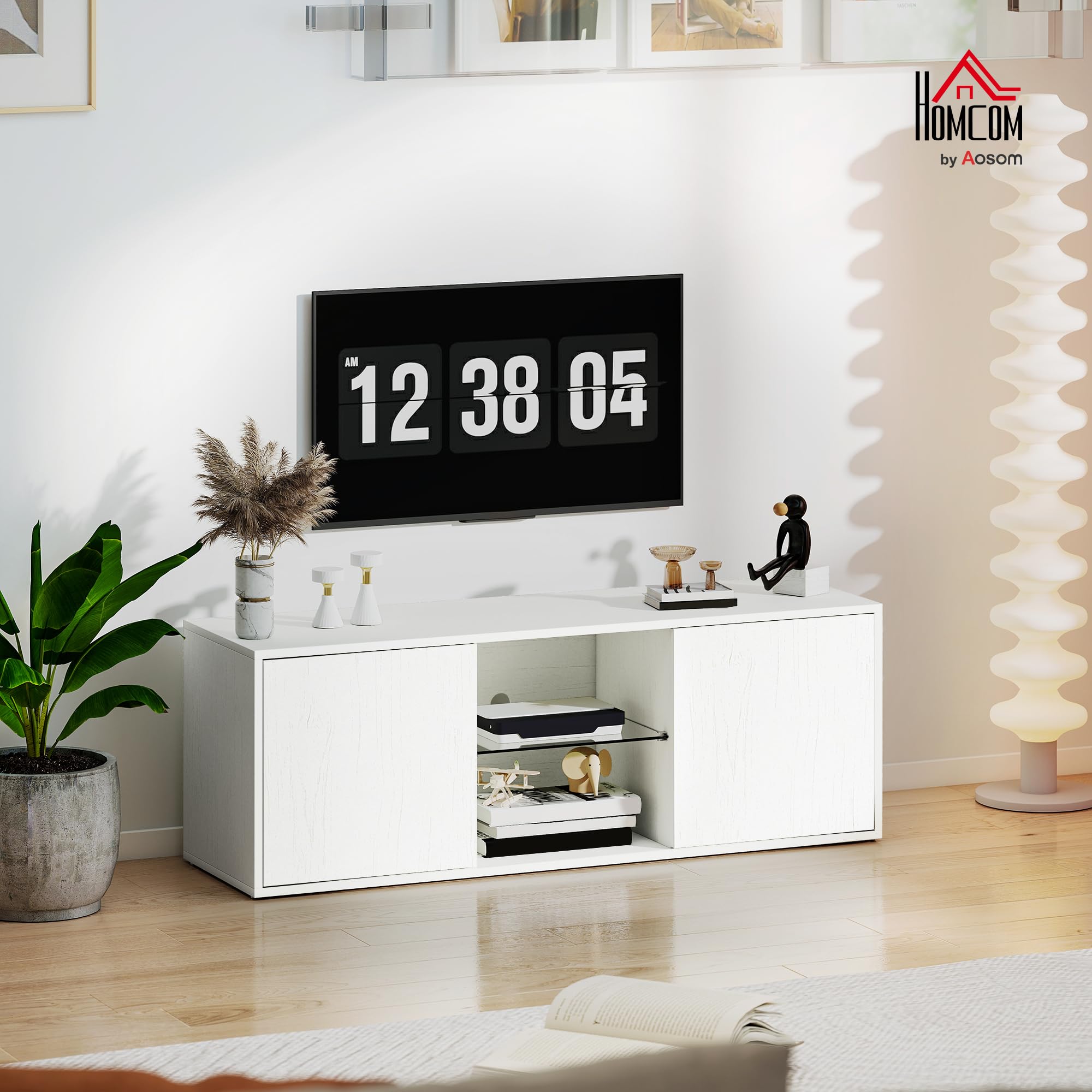 HOMCOM Mobile Porta TV fino a 55" 120 cm Soft Close Bianco Effetto Legno | Mobiletto TV Sospeso o a Terra, Foro Passacavi, Ripiano in Vetro, per Soggiorno e Salotto