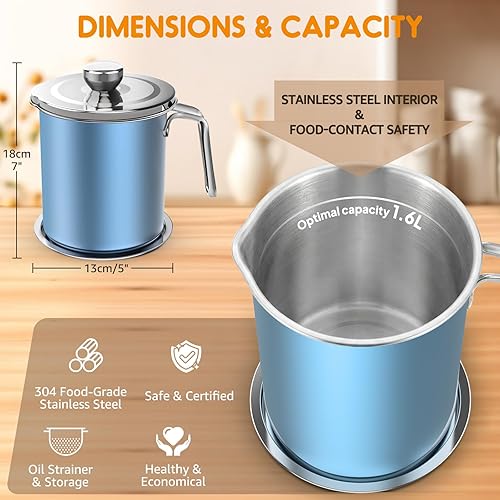 Miniatura 4 de Chihee Ahorro de grasa de tocino de acero inoxidable  Contenedor de aceite de 67.6 onzas líquidas con colador de malla fina y bandeja antideslizante