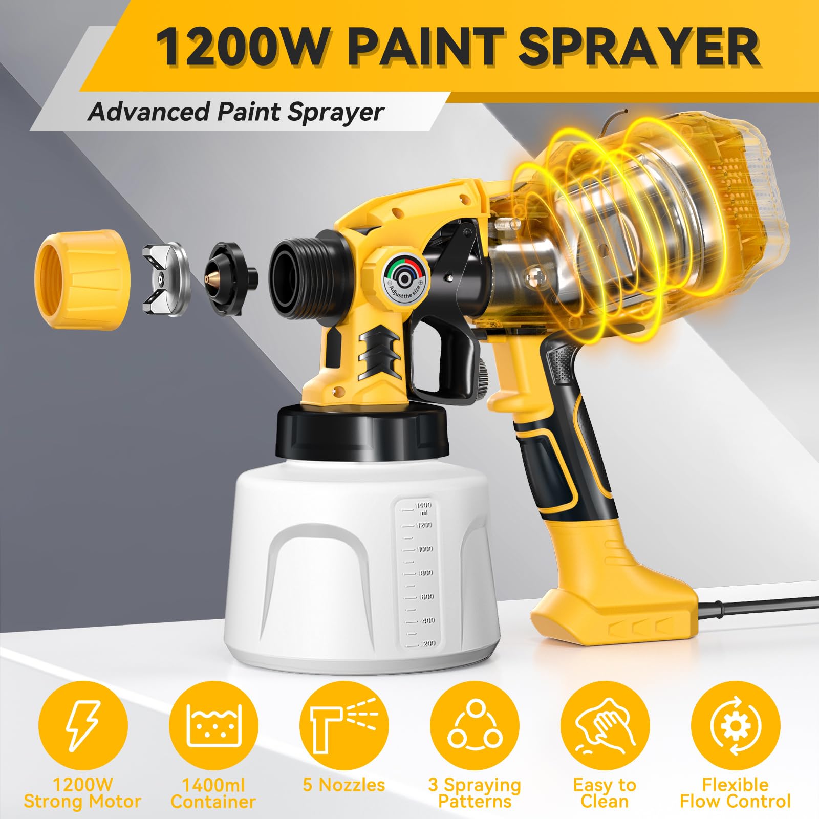 Pistolet do malowania natryskowego HVLP 1200 W z 5 dyszami i 3 wzorami natryskowymi, regulowana kontrola przepływu, pojemnik 1400 ml i narzędzia do czyszczenia, do malowania domu, ogrodzeń