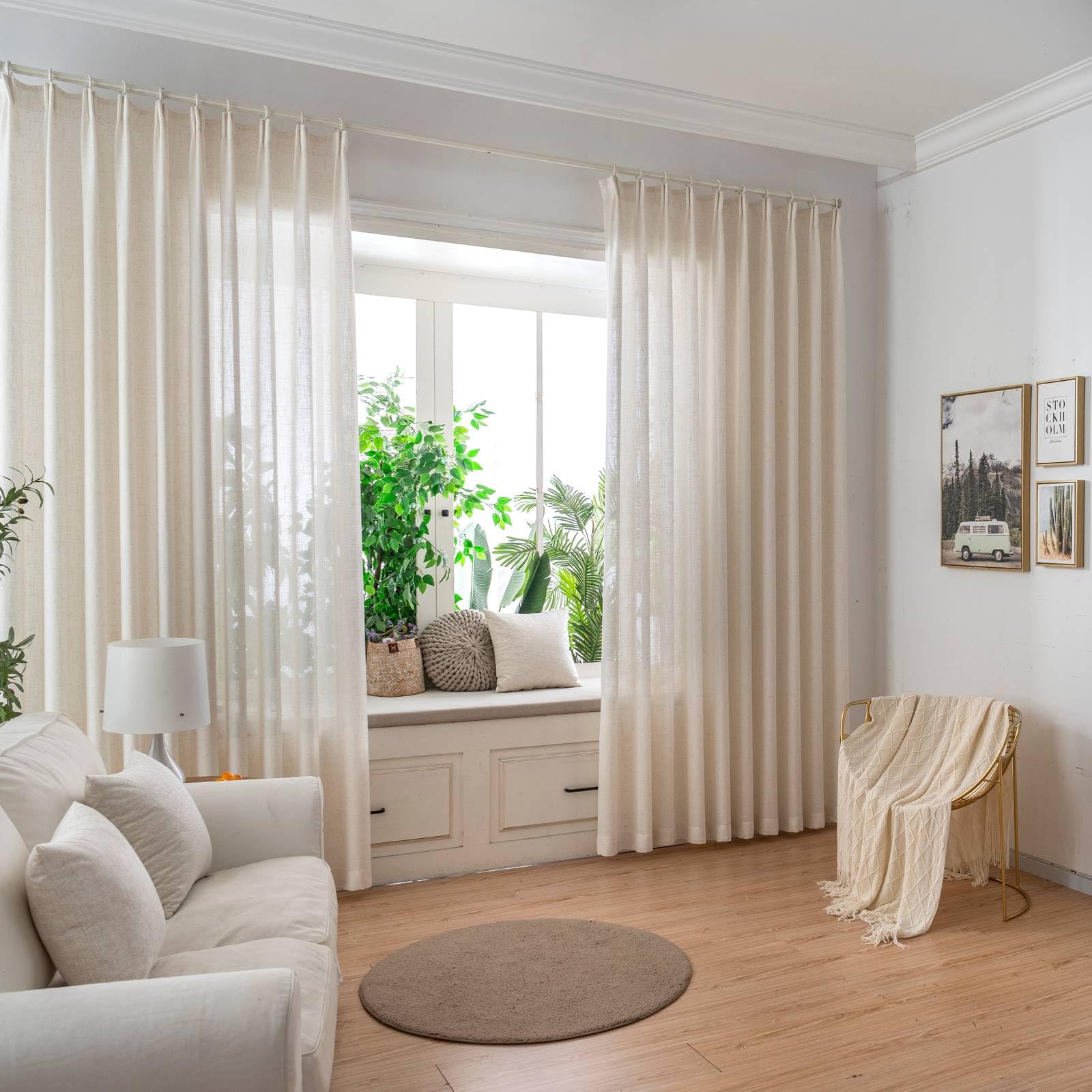 AIDUOMAER Faux Linen Beige Sheer Curtains 108 Inches Long 2 Panels, 50 Inches Width, Semi-Transparent Hook Curtains, Suitable for Bedroom and Living Room