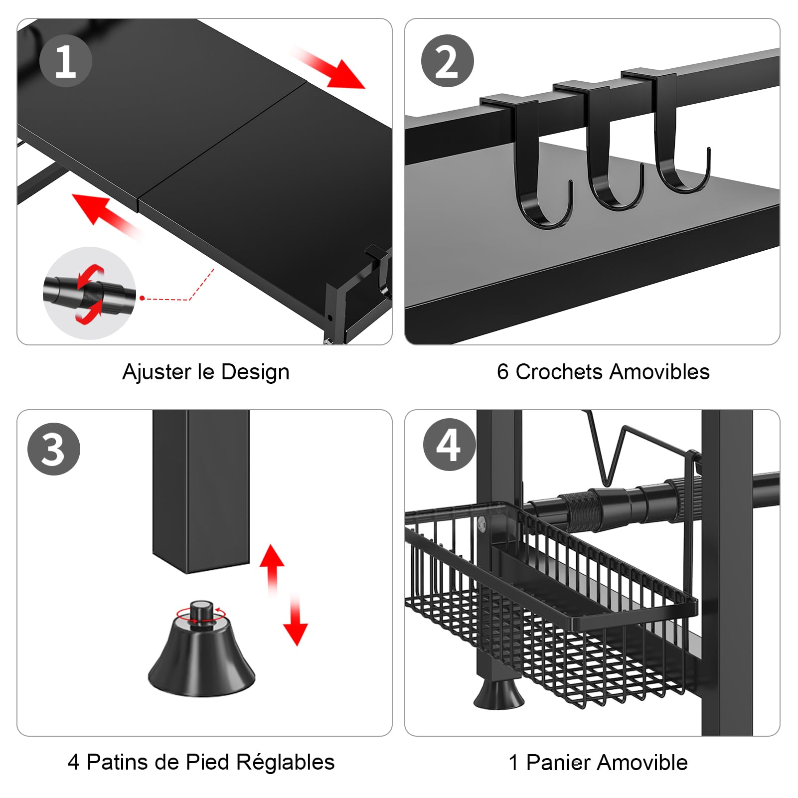 Support Extensible pour Four à Micro-Ondes à 3 Niveaux, Support d'étagère de Cuisine Hauteur Réglable avec 6 Crochets Suspendus Etagere Rangement Cuisine, Noir