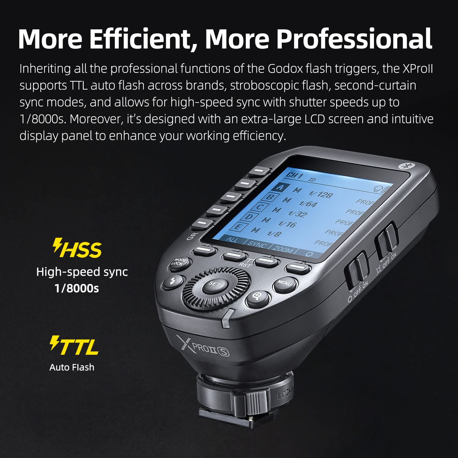 Godox XProII-S TTL Wireless Flash Trigger 1/8000s HSS, Commutazione Istantanea TCM, Controllo APP, 16 Gruppi 32 Canali, Ampio Display LCD, Segnale Stabile, Reattivo, Adatto per Fotocamere Sony