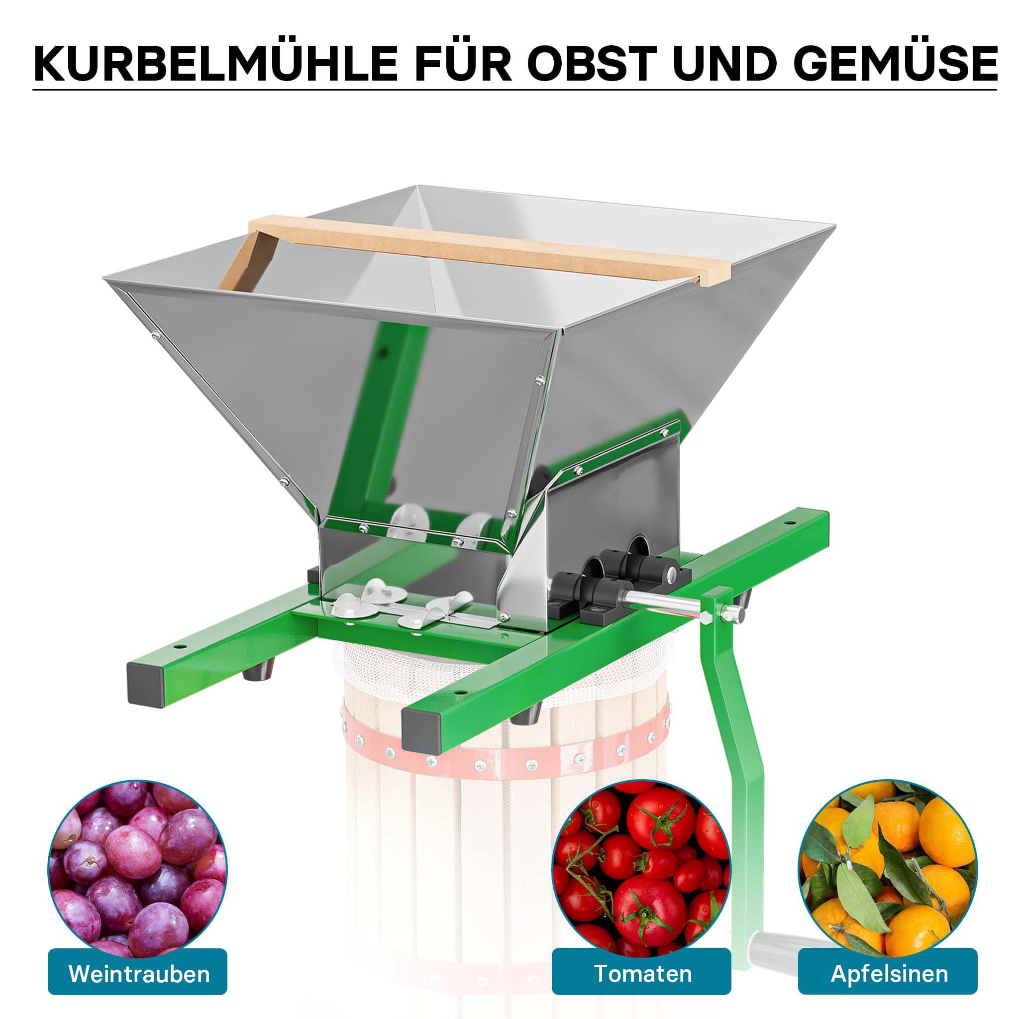 Wiltec Mulino per frutta con tramoggia da 7 litri, frangifrutta con manovella, trituratore per frutta morbida come uva e frutti di bosco