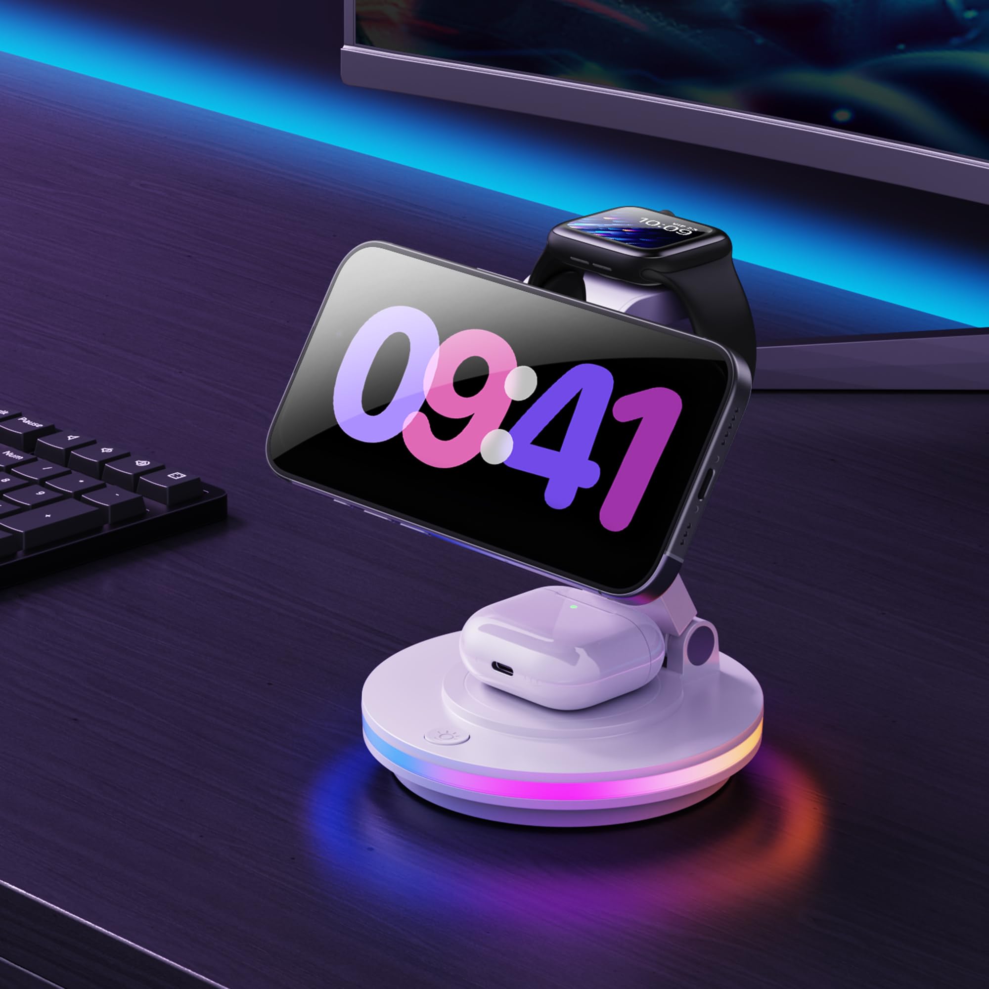 GUSGU 3 in 1 Charging Station for MagSafe Wireless Charger with RGB Light, 15W Fast Charging for iPhone 17/Air/16/15/14/13/, Apple Watch Series 11/SE3