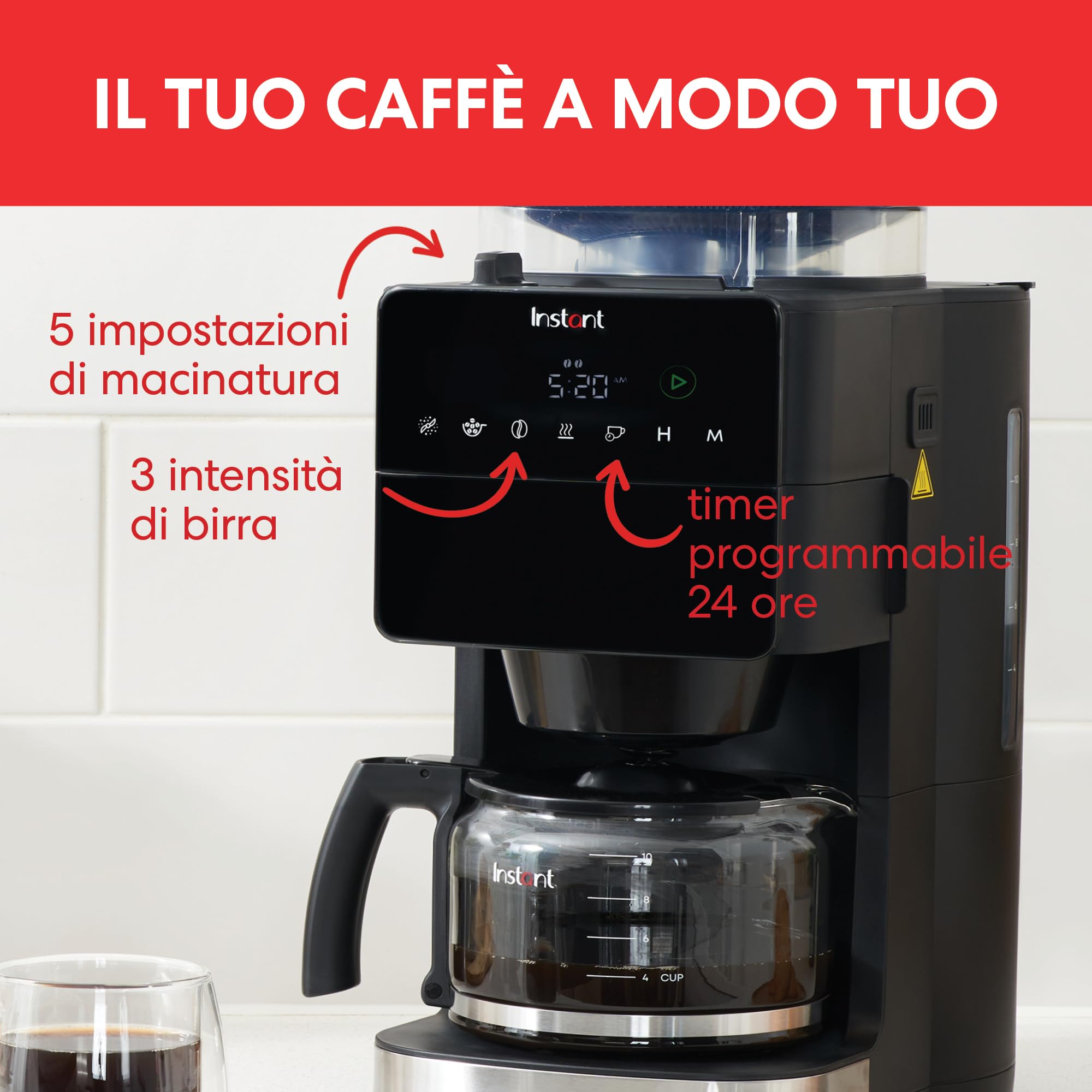 Caffettiera Instant® Grind & Brew, Programmabile per 24 Ore, 12 Tazze, Macinino in Grani Regolabile Incorporato, Filtro Riutilizzabile, Filtro per l'acqua, Caraffa di Vetro, Mantenimento in Caldo