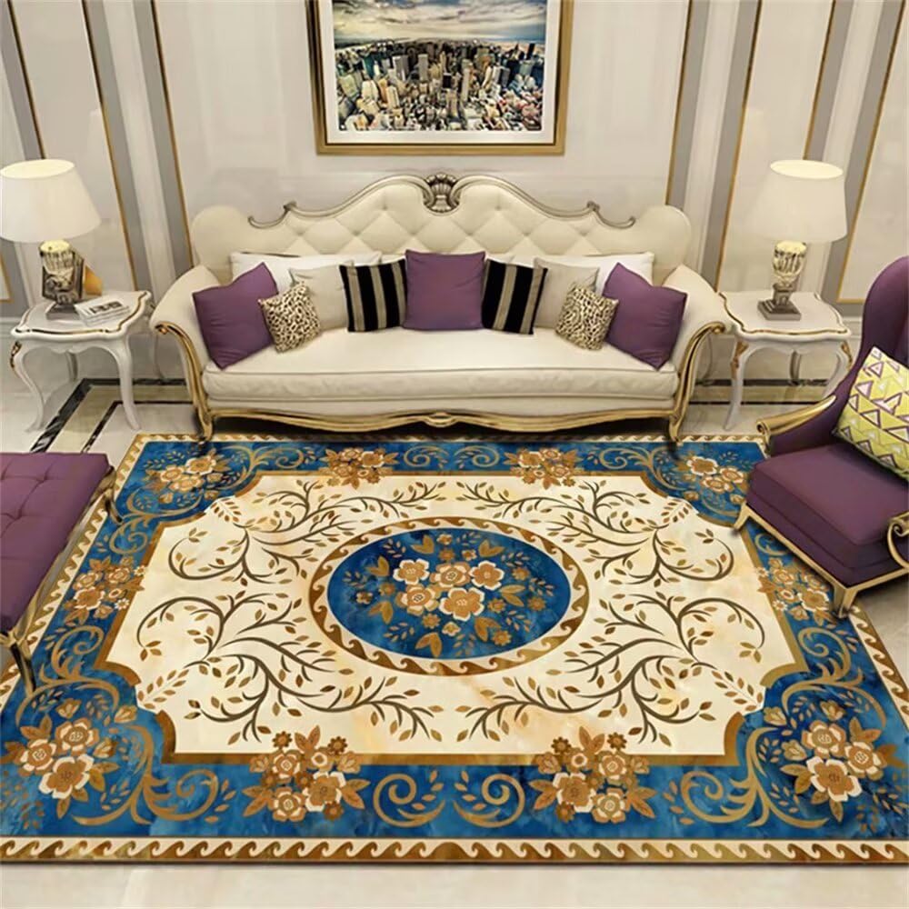 Tapis enfant doux pour le salon et la chambre à motif floral rétro bleu