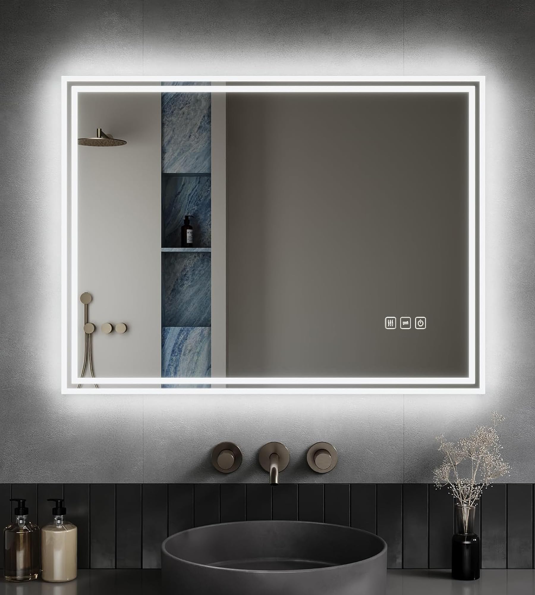 Lustro łazienkowe LED, trójkolorowe światło, bezstopniowe ściemnianie, dwustronne matowanie, szafka z lustrem ze stopu aluminium, funkcja przechowywania, odmładzanie, 100 x 60 cm
