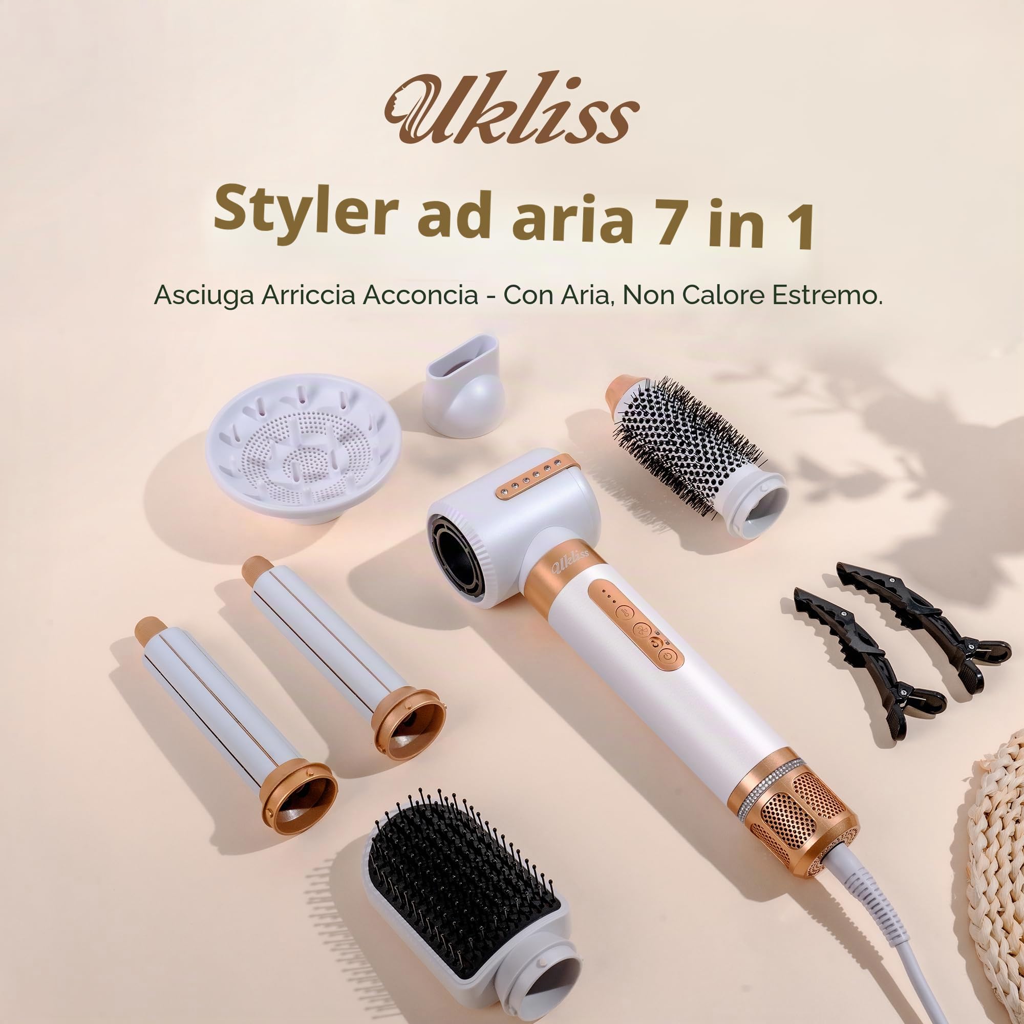 Spazzola Asciugacapelli 7 in 1, UKLISS Airstyler con Arricciacapelli Automatico, Hair Dryer, Spazzola ad Aria Calda, Thermal Brush, Spazzola Lisciante Capelli, Regali per Donne Styling - Bianco