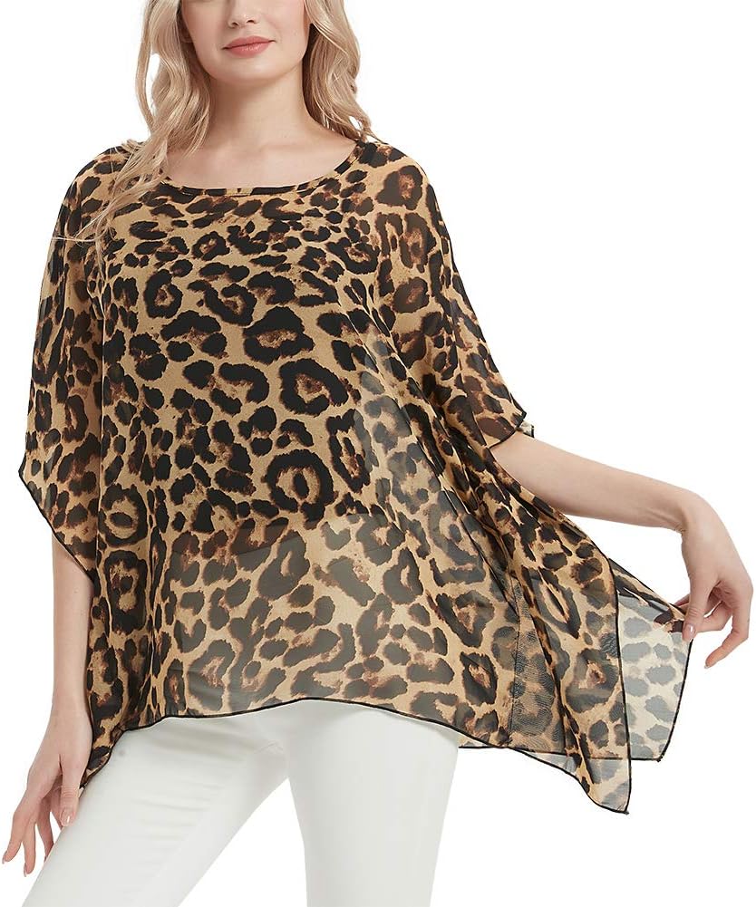 Women's Bohemian Floral Print Sheer Chiffon Blouse Batwing Shirts Tops Short-Sleeve Shirts