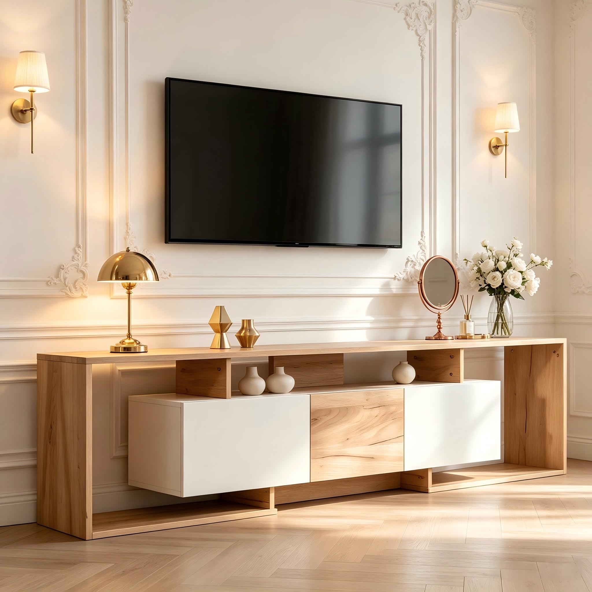 Mueble de TV bajo con espacio de almacenamiento, 180 cm, color