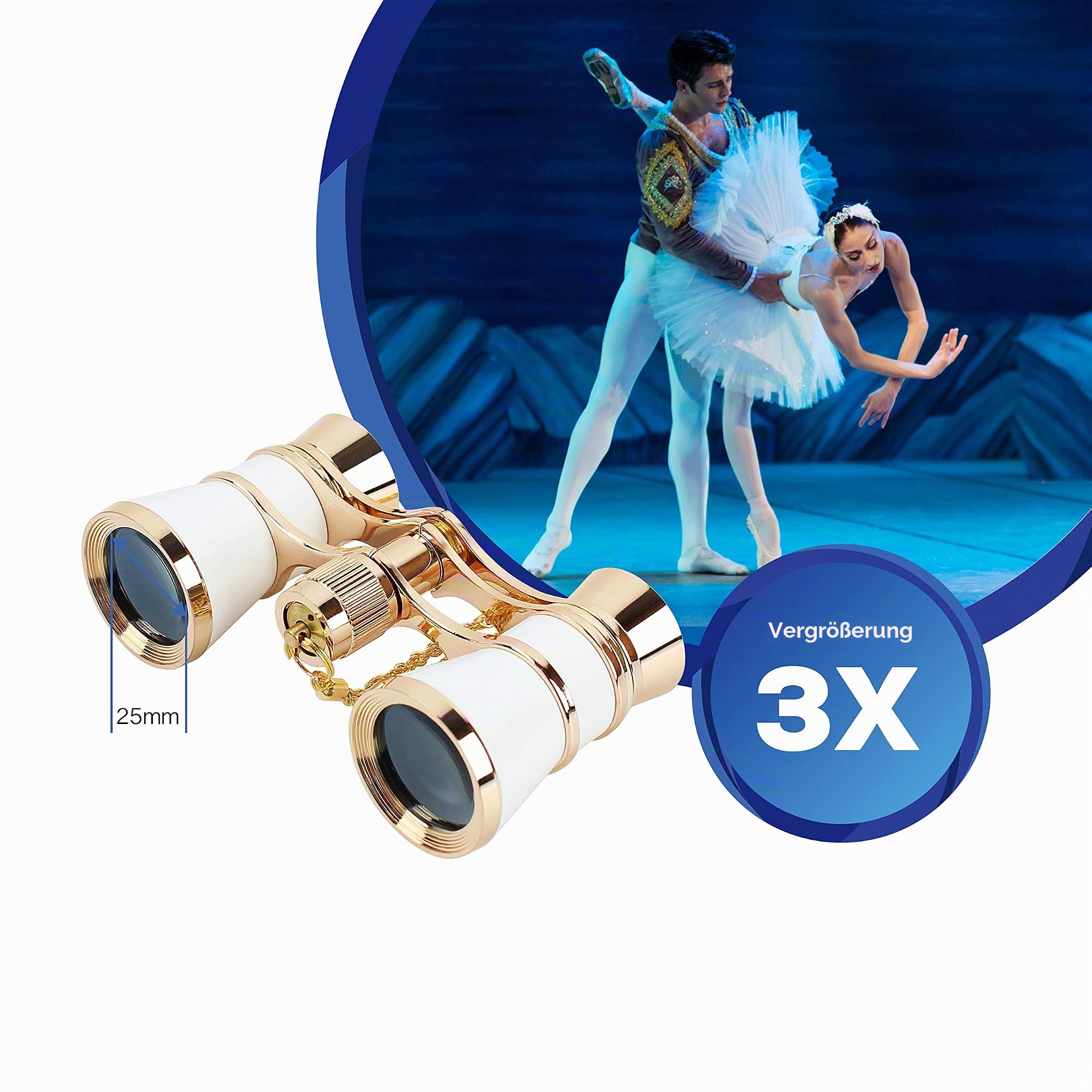 Aomekie Opernglas Theaterglas 3er Vergrößerung Mini Klein Kompakt Feldstecher Fernglas mit Kette für Theater Konzert Opera und Pferderennen 3X25 (Weiß)