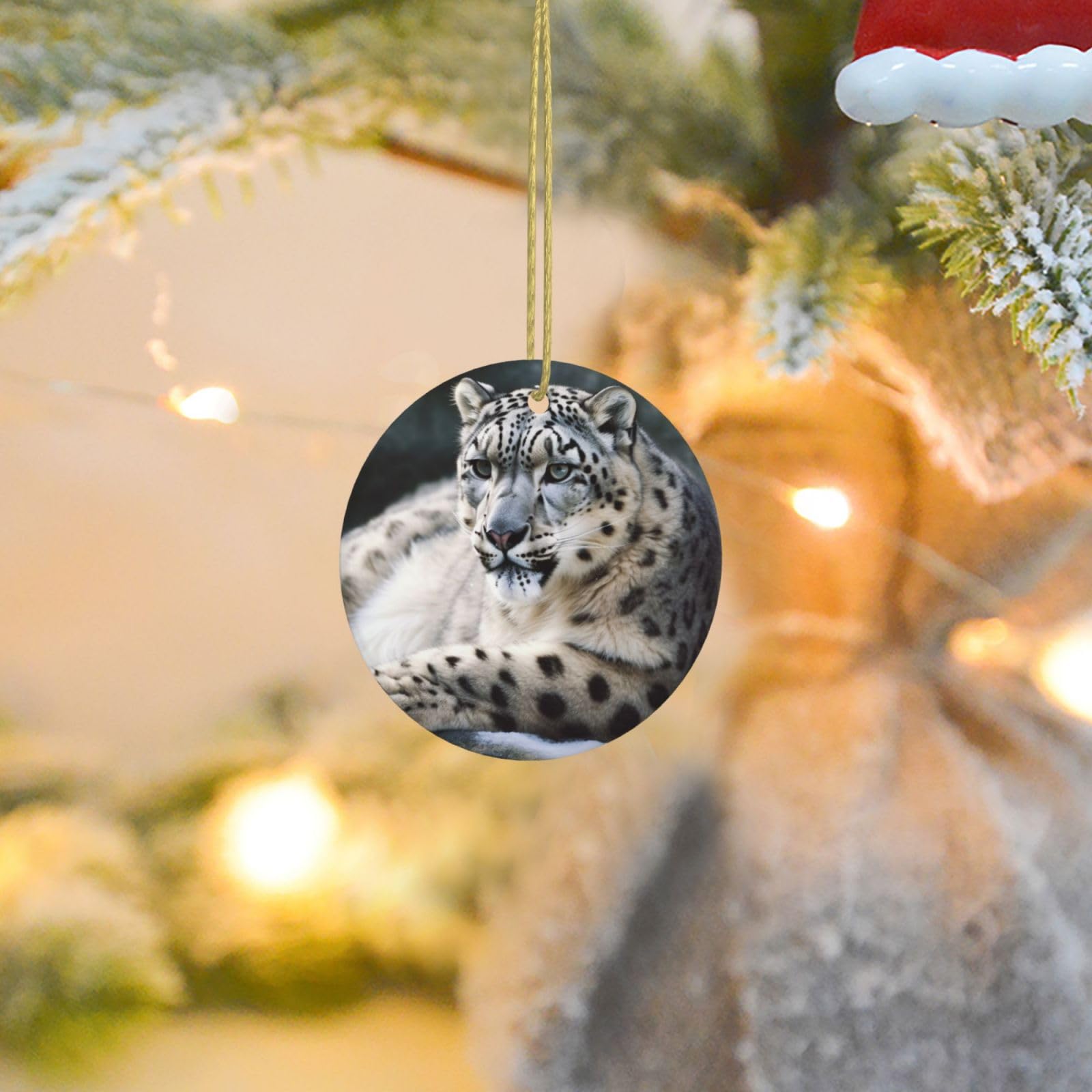 Christmas Ornaments for Christmas Tree Decoration Ceramic Hanging Snow Leopard Ornament with Gold Ribbon Crafts Round Pendant for Keepsake Gifts Glass Xmas Decor Party Supplies