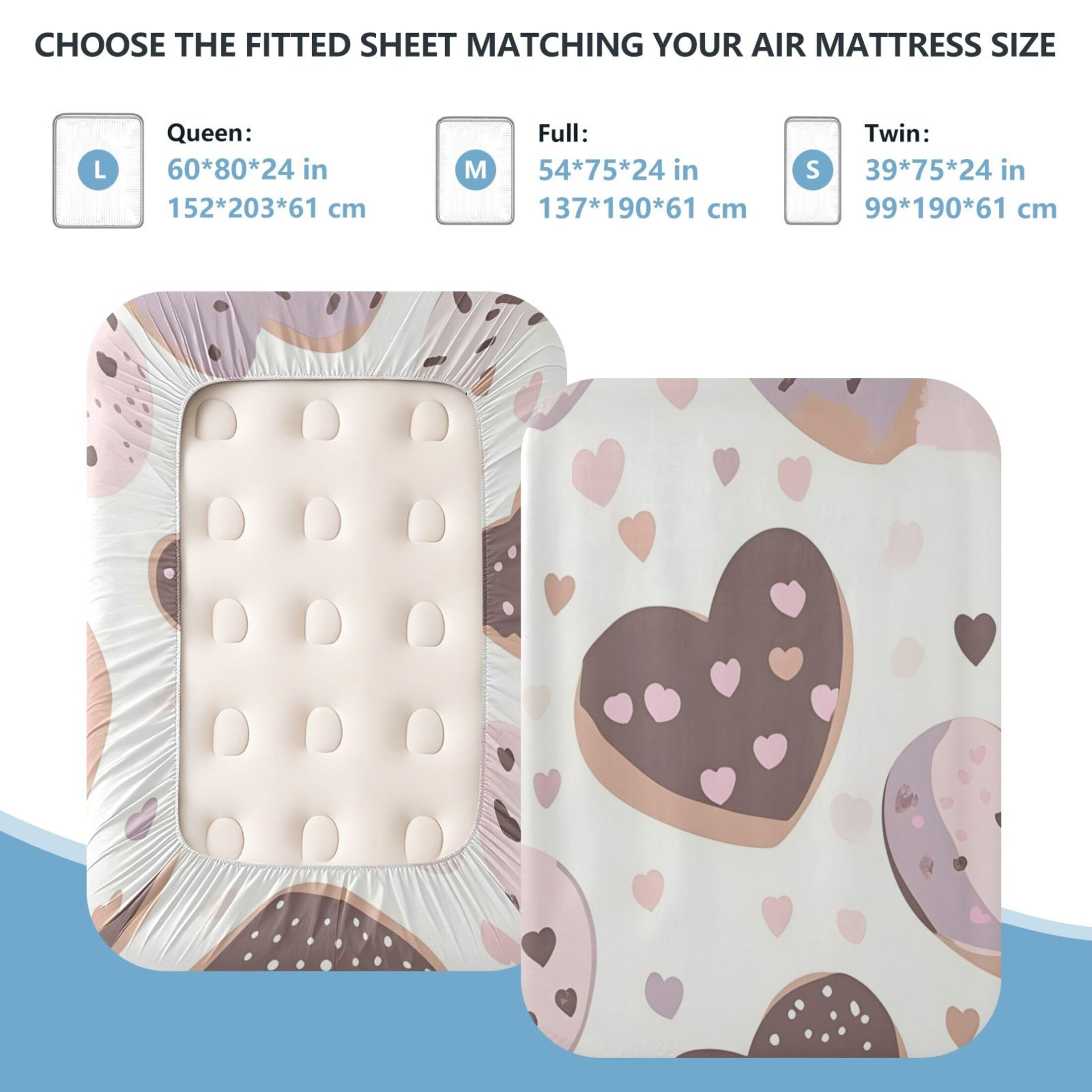 Sábana bajera ajustable individual con diseño de rosquillas de corazón, bolsillo extra profundo de 24 pulgadas, funda suave y transpirable con apertura de válvula de cremallera para cama de