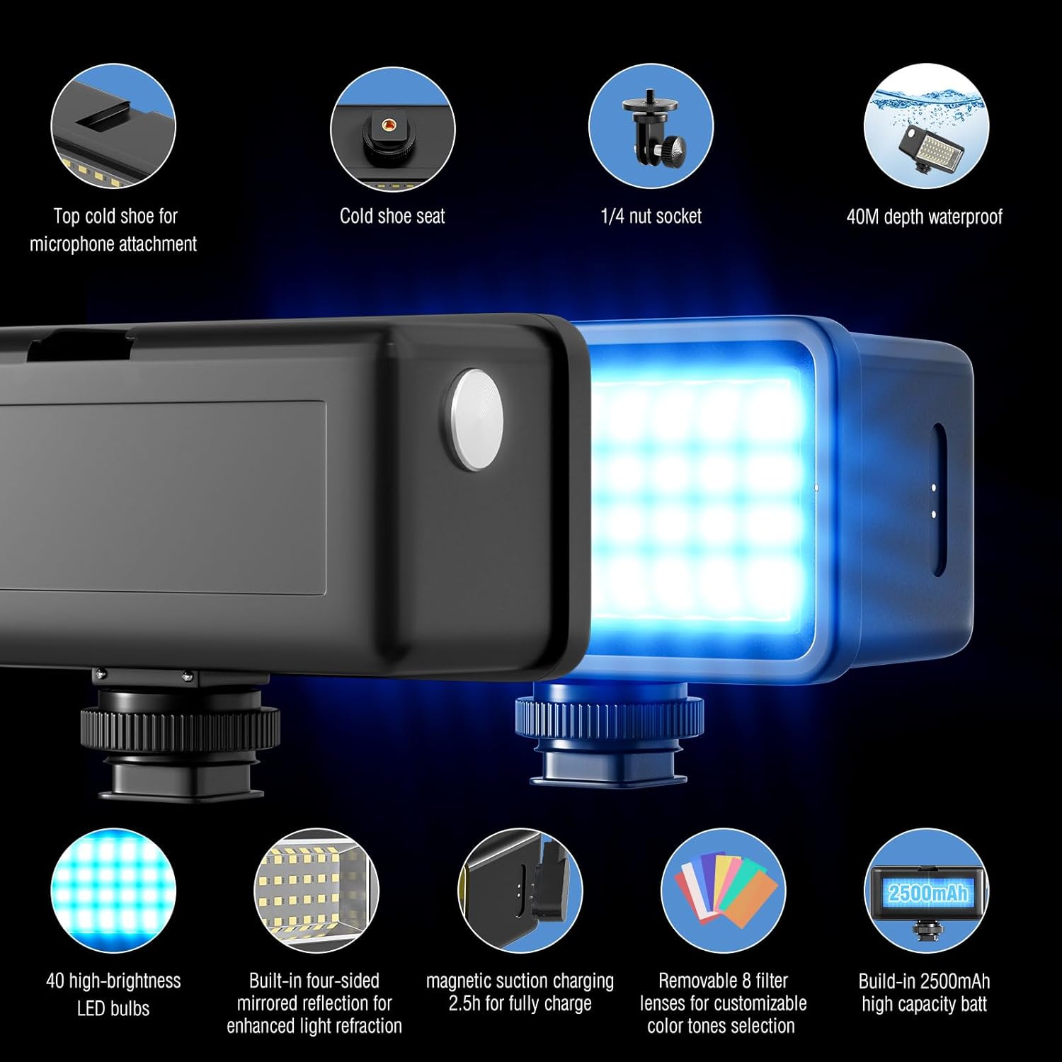 F1TP Underwater 130ft Diving Light High Power Dimmable Video LED Fill Night Light for Gopro Hero12/11/10 /9/8 /7/5/6,DJI Osmo Action,2/3,AKASO,Insta360,WOLFANG GA100,Mini Action Camera