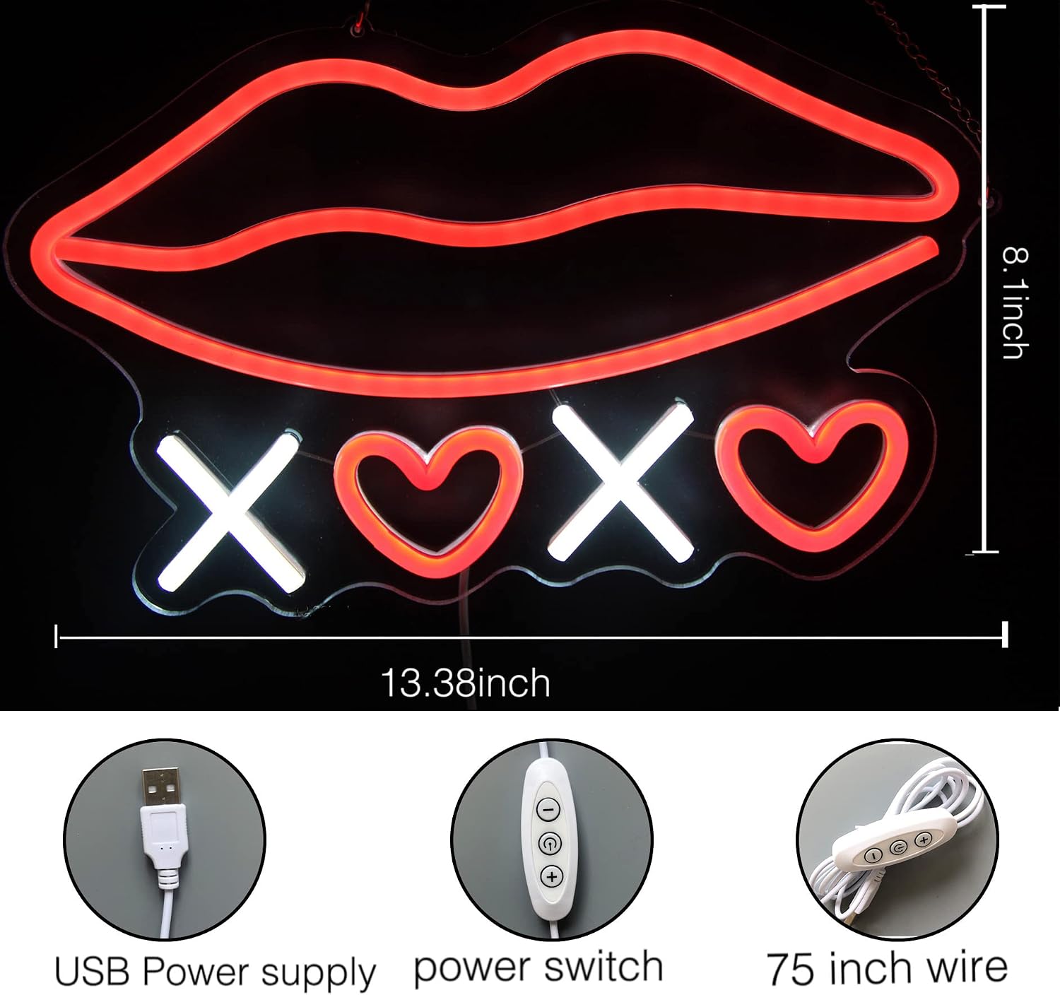 MoonMars Neon Light Sign USB Operated Decorative Red Lips shape Xoxo for Home Party Art Decoration Bedroom Wall Décor Modulator 5v, red and white