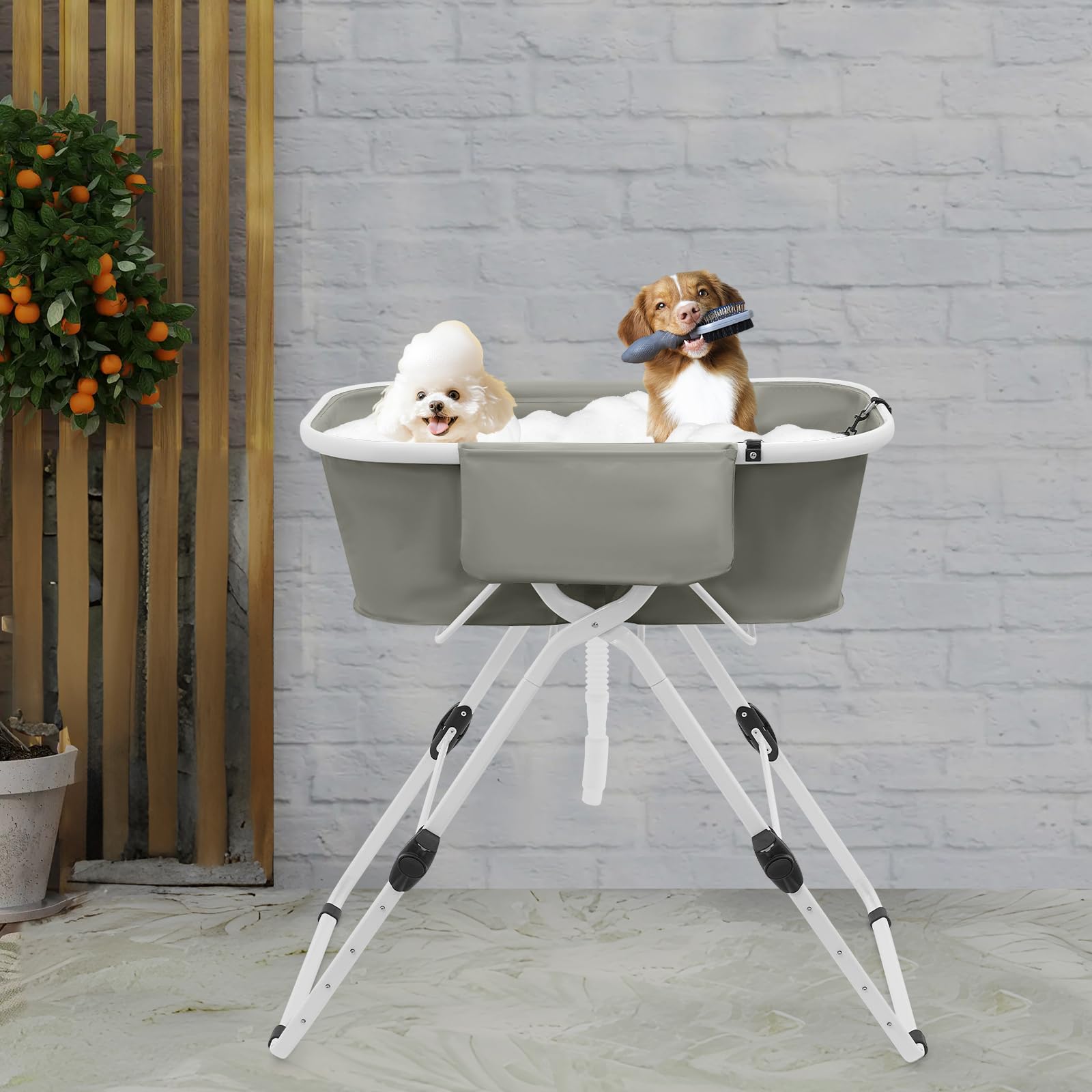 Hundebadewanne ErhöHtes Haustierbadewanne Klappbar 70-100cm HöHenverstellbar, 68Kg Belastbar BodenstäNder Faltbar für Auto GepäCkraum, Geeignet für Kleine Bis Mittlere Hunde Katzen, Weiß+Grau