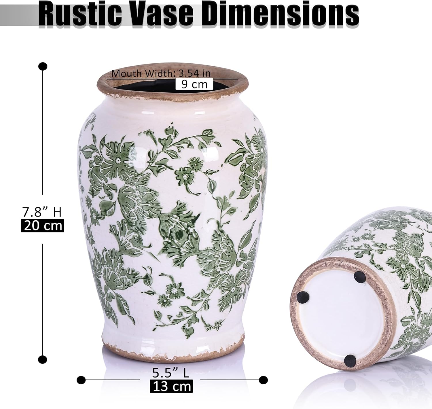 Vintage Green Chinoiserie Ceramic Vase, Rustic Farmhouse Floral Cracked Vase for Pastoral Home Decor, Living Room, Centerpieces, Shelf, Fireplace Tables, Pottery Decor (Green White) - Image 2