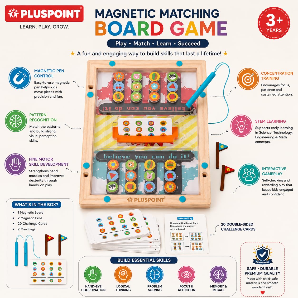 PLUSPOINT Battle Slide Puzzle Game β Magnetic Maze Board Game for Kids, Fine Motor Skill Sorting & Matching Montessori Learning Toy for Boys & Girls 3