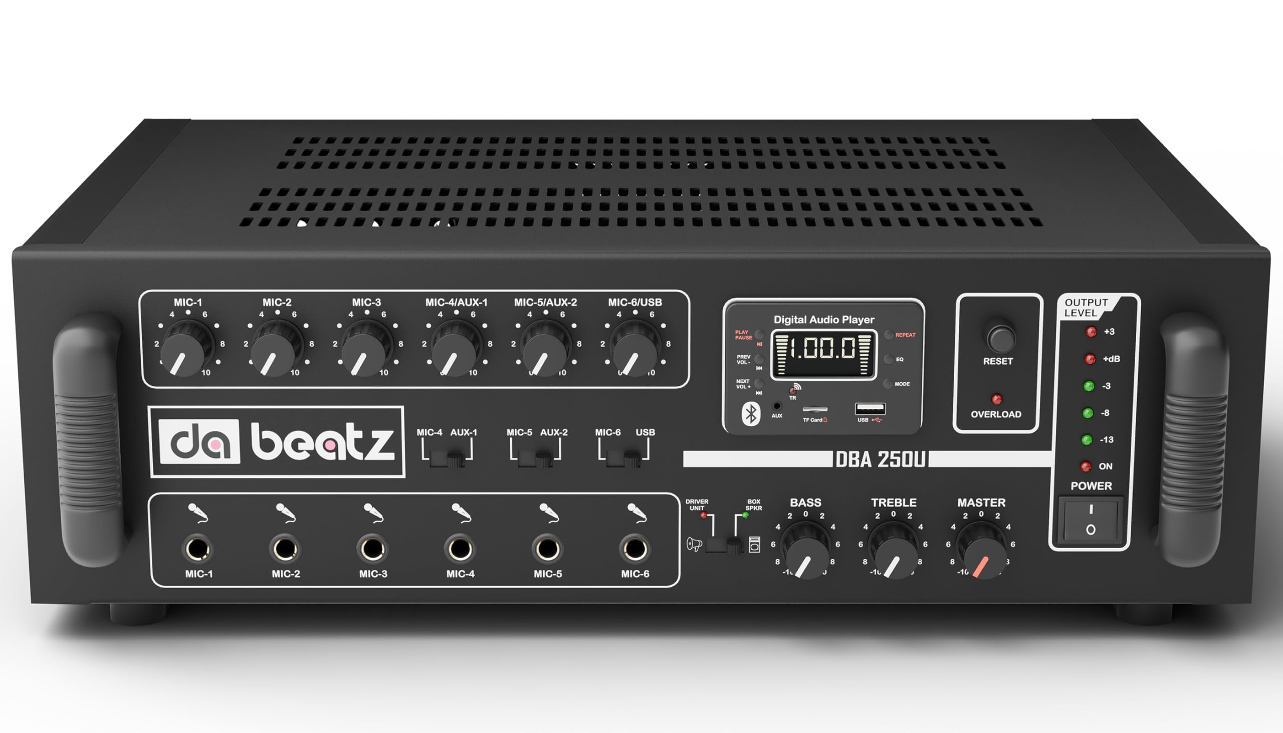 Dabeatz 250 watt Professional Power PA Amplifier with 6 mic input Power AV Amplifier with Bluetooth/MIC Input/USB/SD Card/FM Radio/AUX Input/Remote Control, Equalizer, Bass,Tre(250 watt Output)-image-3
