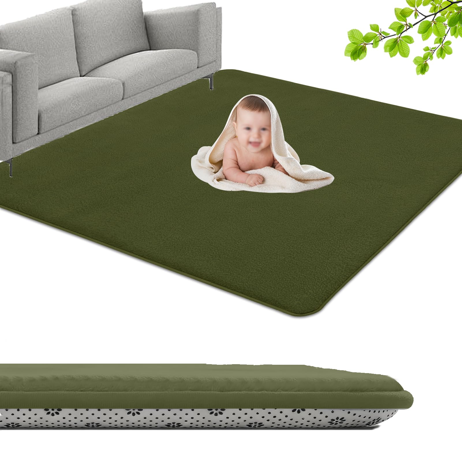 GmyoieqI Large Coral Velvet Baby Play Mat, 3CM Memory Foam Area Rug 160 x 180 cm Children's play mat Soft Play & Tummy Time, Playmat for Floor with Non-Slip Backing Crawling, Easy Care Rug Army Green