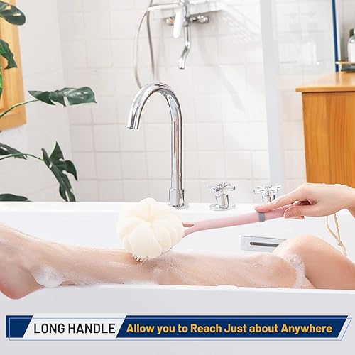 Miniatura 4 de Cepillo corporal de ducha, cerdas suaves y hermosa esponja de calabaza de 14 pulgadas de largo con mango largo, esponja de malla para baño