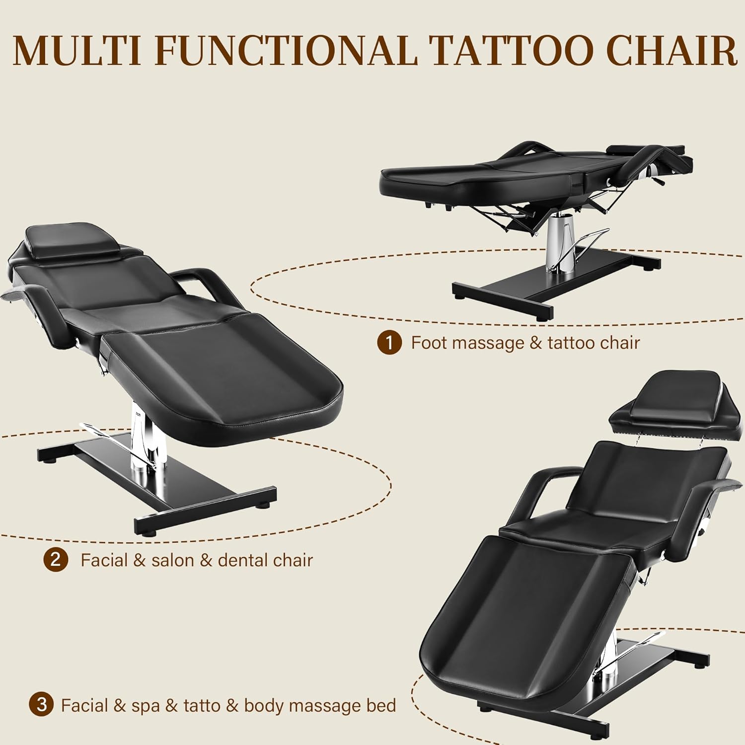 Facial Tattoo Chair for Client, Hydraulic Esthetician Lash Bed with Rolling Stool, 360° Swivel Adjustable Headrest Tattoo Artist Massage Table Beauty Salon Spa Equipment, Black