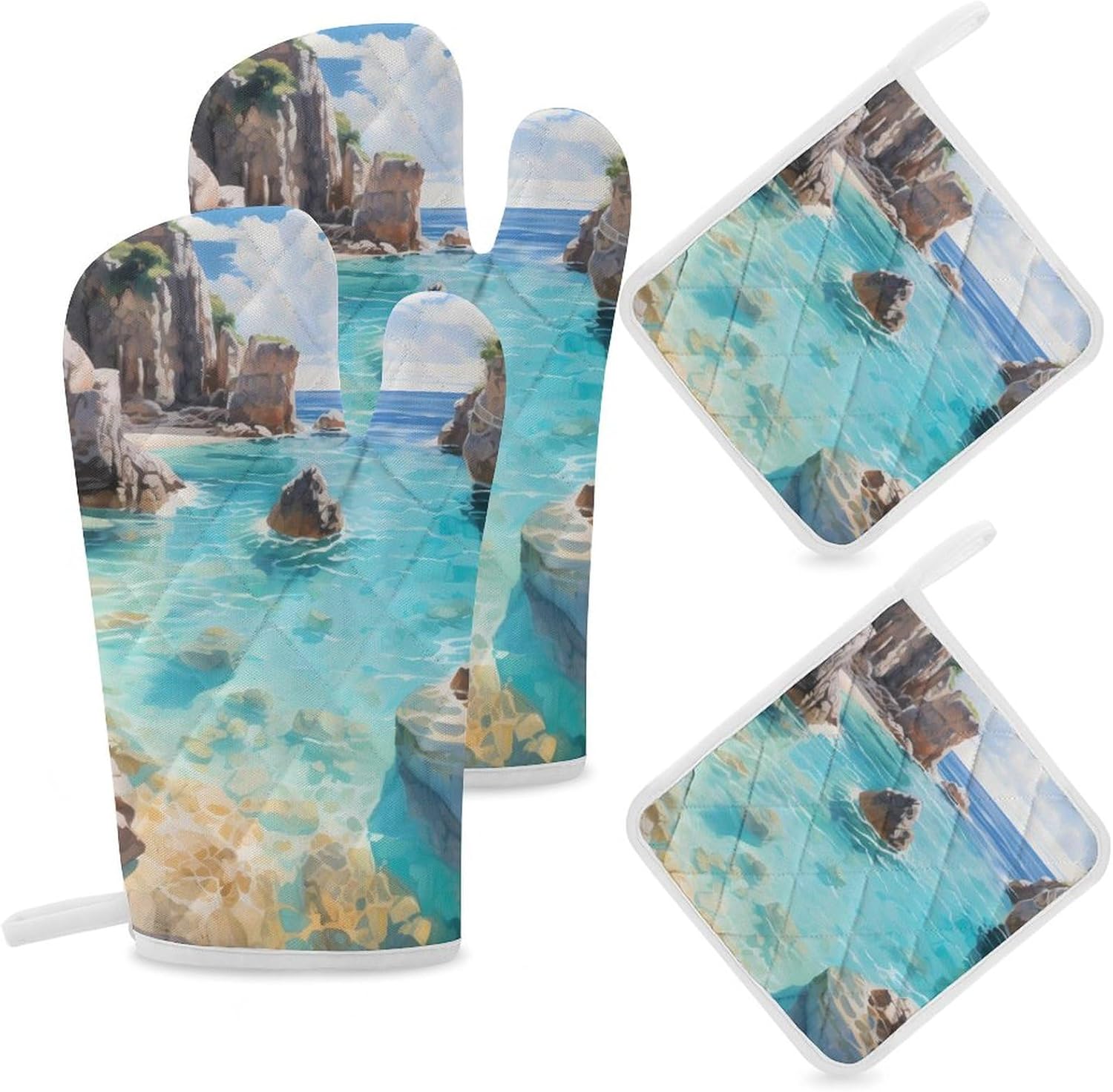 Horseshoe Bay Cove Bermuda 4 Pcs Oven Mitts and Pot Holders Set High Heat Resistant Long Kitchen Oven Glove Potholders
