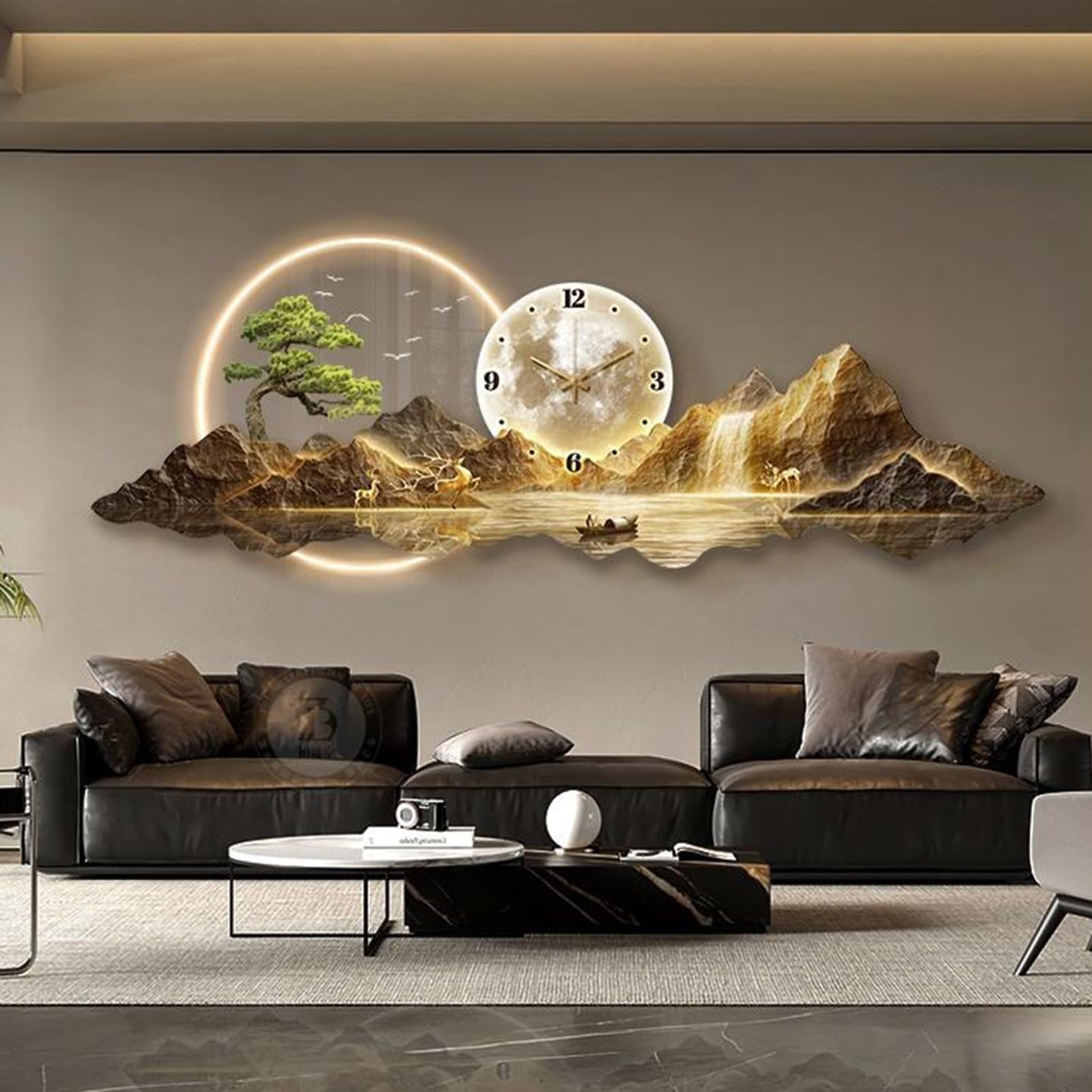 3D Wall Art with Clock & LED Light, Modern Chinese Feng Shui Landscape Wall Sculpture, Welcoming Pine & Mountain Decor for Living Room, Oriental Hanging Painting with Moon & Waterfall (A, 100*35cm)