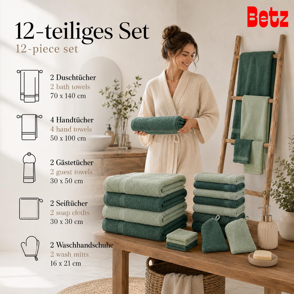 Betz Premium Handtuch-Set 12-teilig 100% Baumwolle Oeko-TEX Zertifiziert 470 g/m² heugrün tannengrün