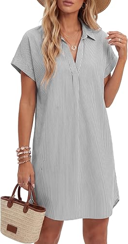 Vrtige Women's Striped Shirt Dress 2026 Summer Casual V Neck Short Sleeve Mini T