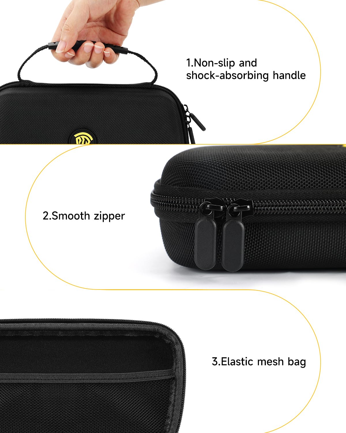 Close-up of EasySMX M15 protective case features: non-slip handle, smooth zipper, elastic mesh bag