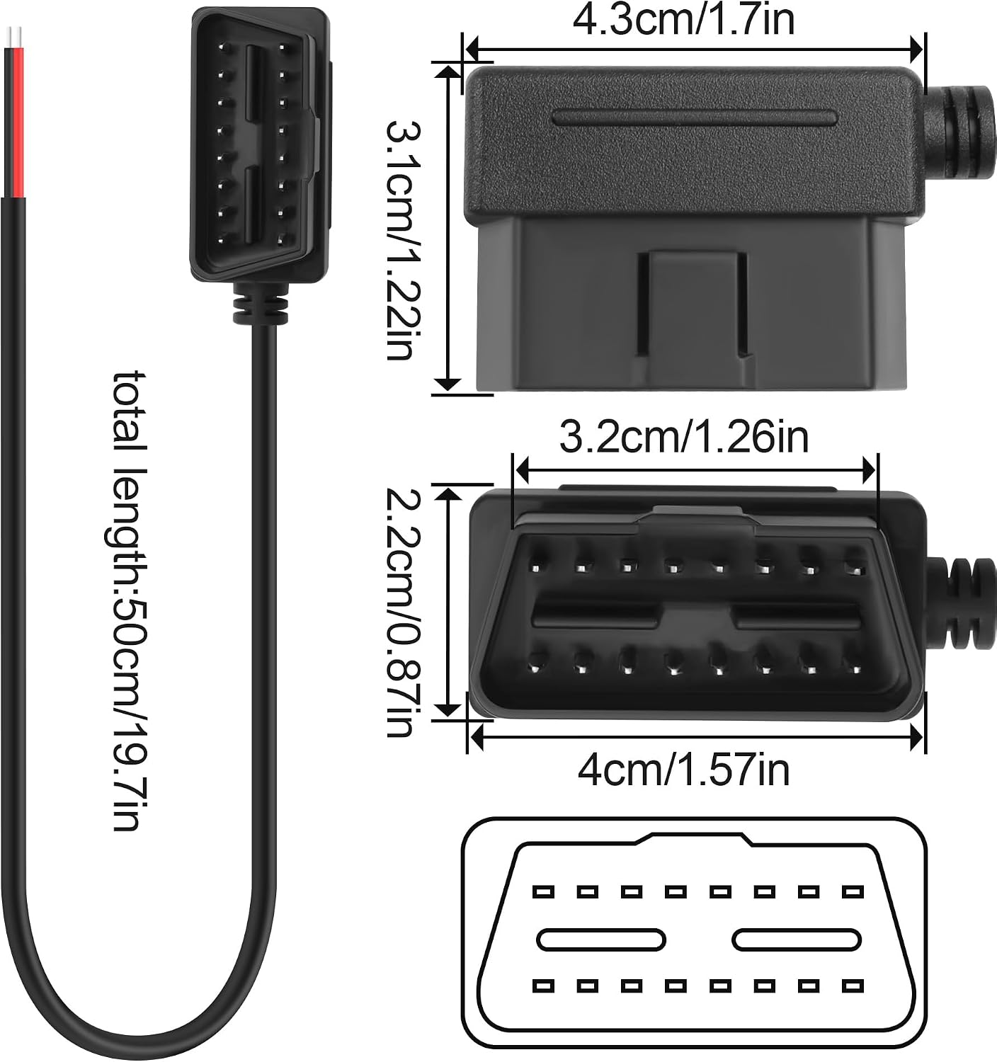 2PCS OBD2 Male Cable 16 Pin Plug OBD Power Cable,Open-Ended Tail
