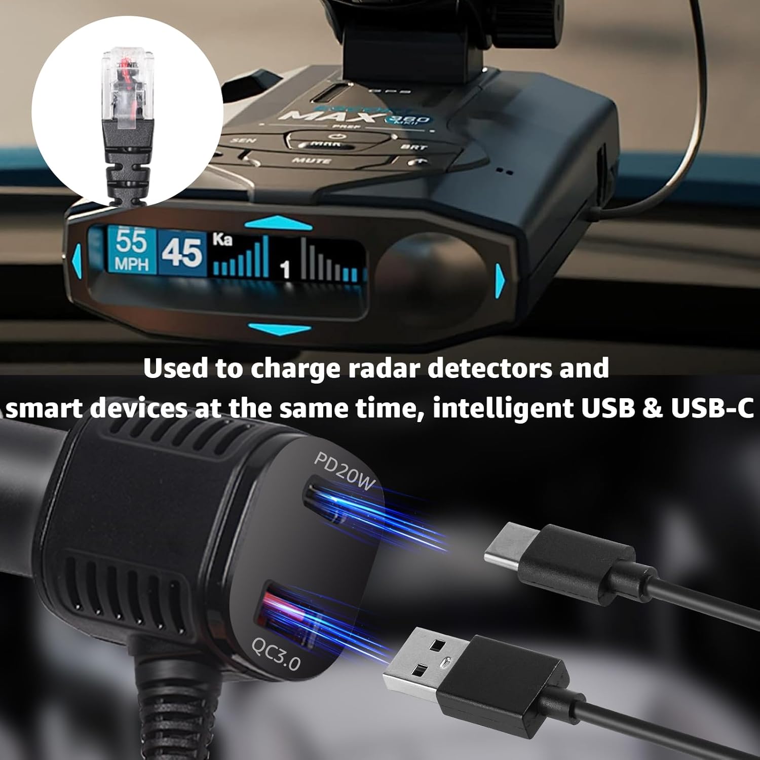 Radar Detector Power Cord with USB and USB-C Mobile Phone Fast Charging Port for Escort MAX 360, MAX 360c, IX, IXc, 9500 IX, MAX II, MAX 3, MAX 360 MKII, MAXcam 360c, Redline 360c etc